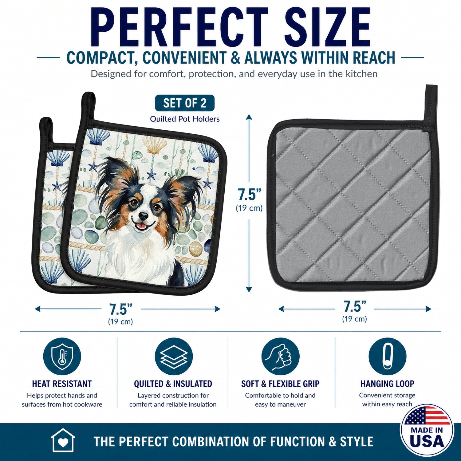Tricolor Papillon Coastal Sea Glass Pot Holder Set of 2 Heat Resistant Quilted Hot Pads 7.5 x 7.5 Inch, Insulated Kitchen Trivets for Cooking & Baking