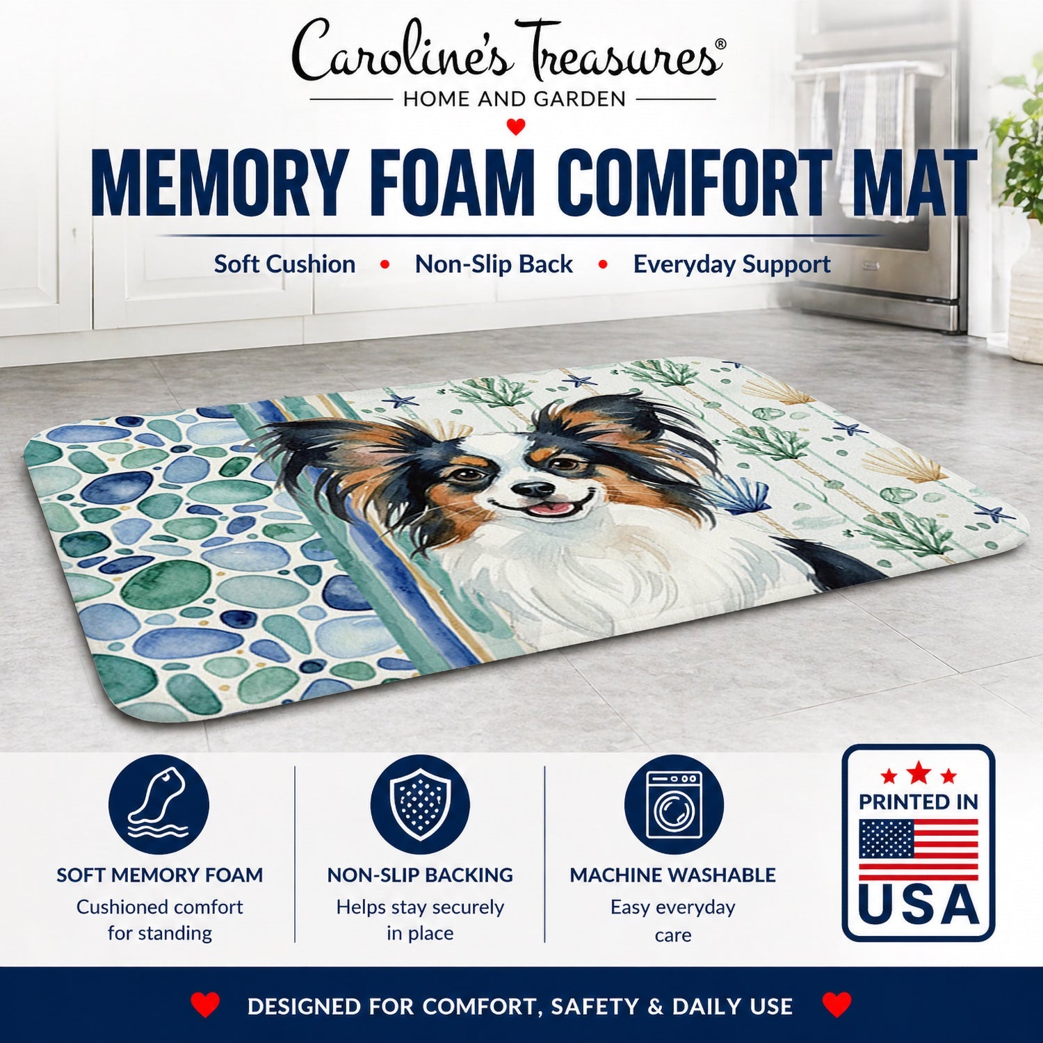 Tricolor Papillon Coastal Sea Glass Memory Foam Kitchen Mat Machine Washable Anti-Fatigue Cushion Comfort Bath or Kitchen Rug