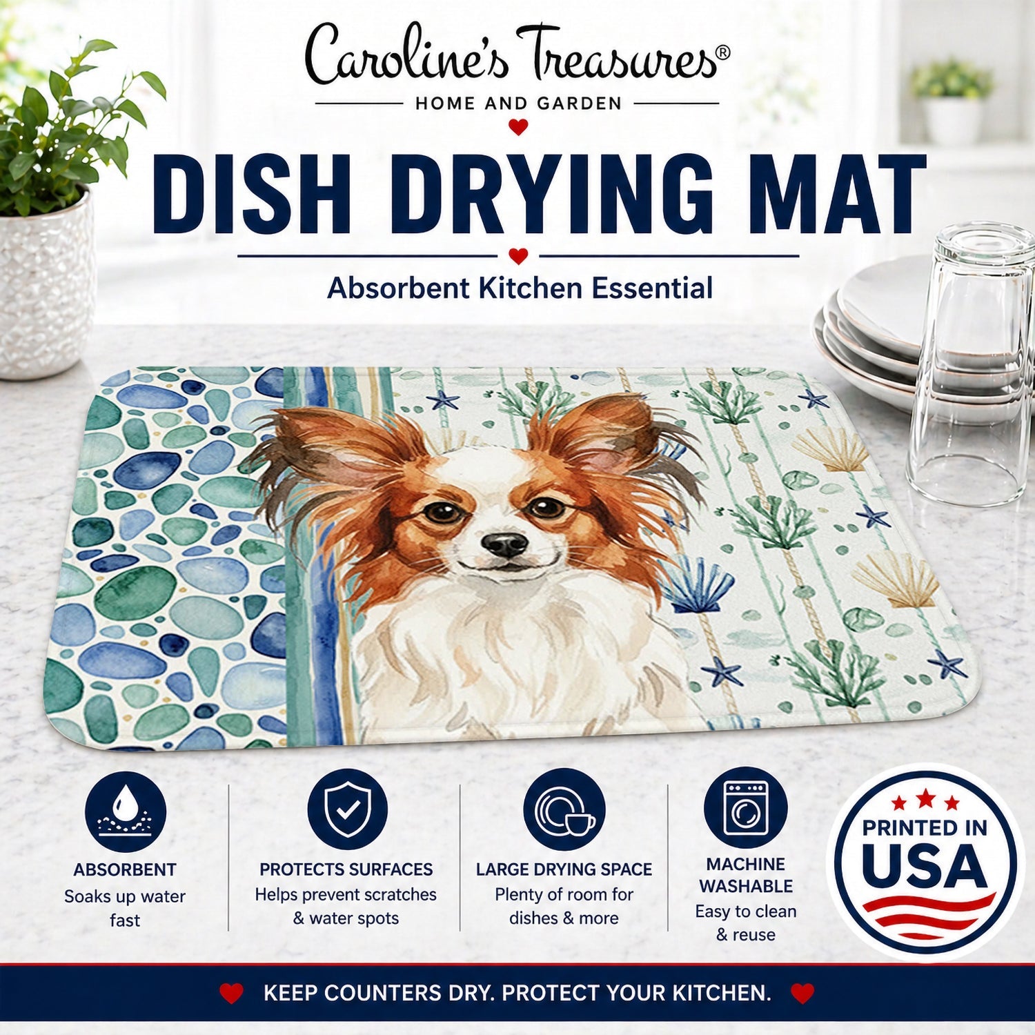 White with Red Papillon Coastal Sea Glass Dish Drying Mat Absorbent Dish Drying Mat Pad for Kitchen Counter Dish Drainer Mat for Countertop, 14 x 21", Multicolor