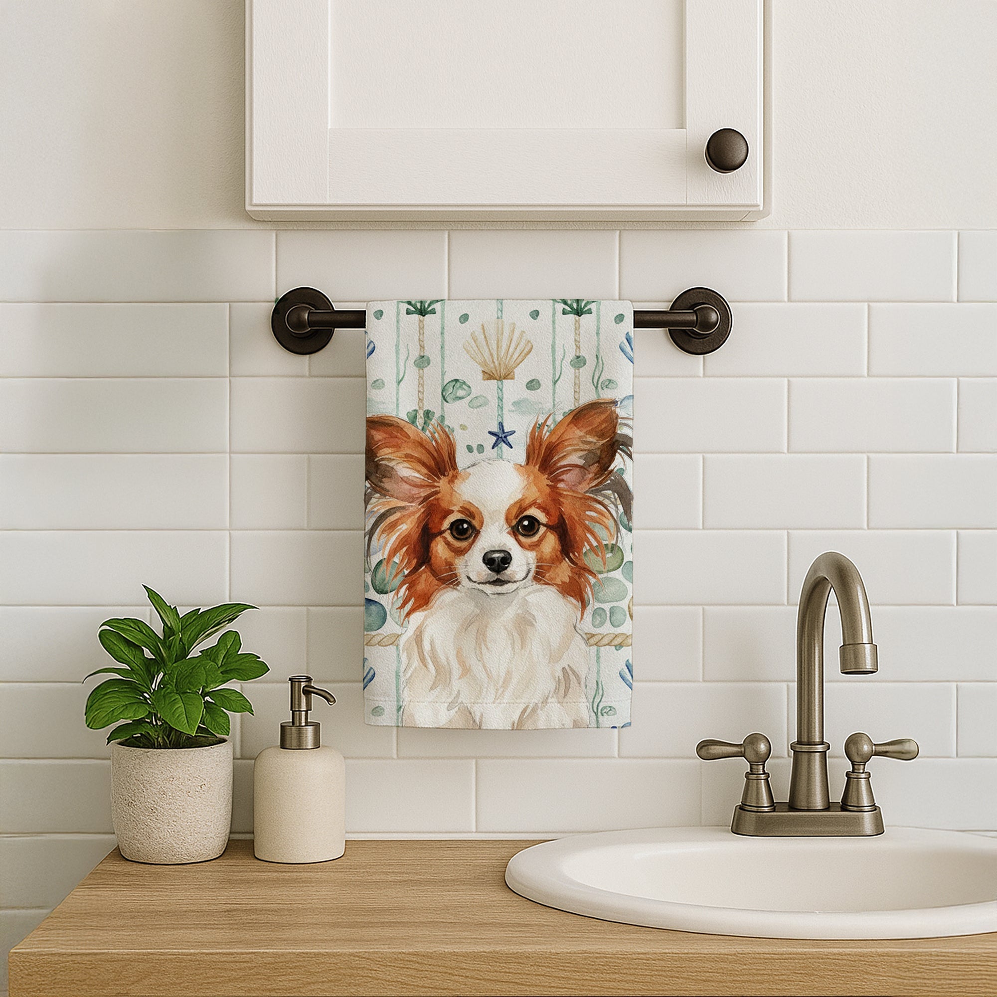 White with Red Papillon Coastal Sea Glass Kitchen Towel Velour Plush Front and Cotton Loop Back Machine Washable