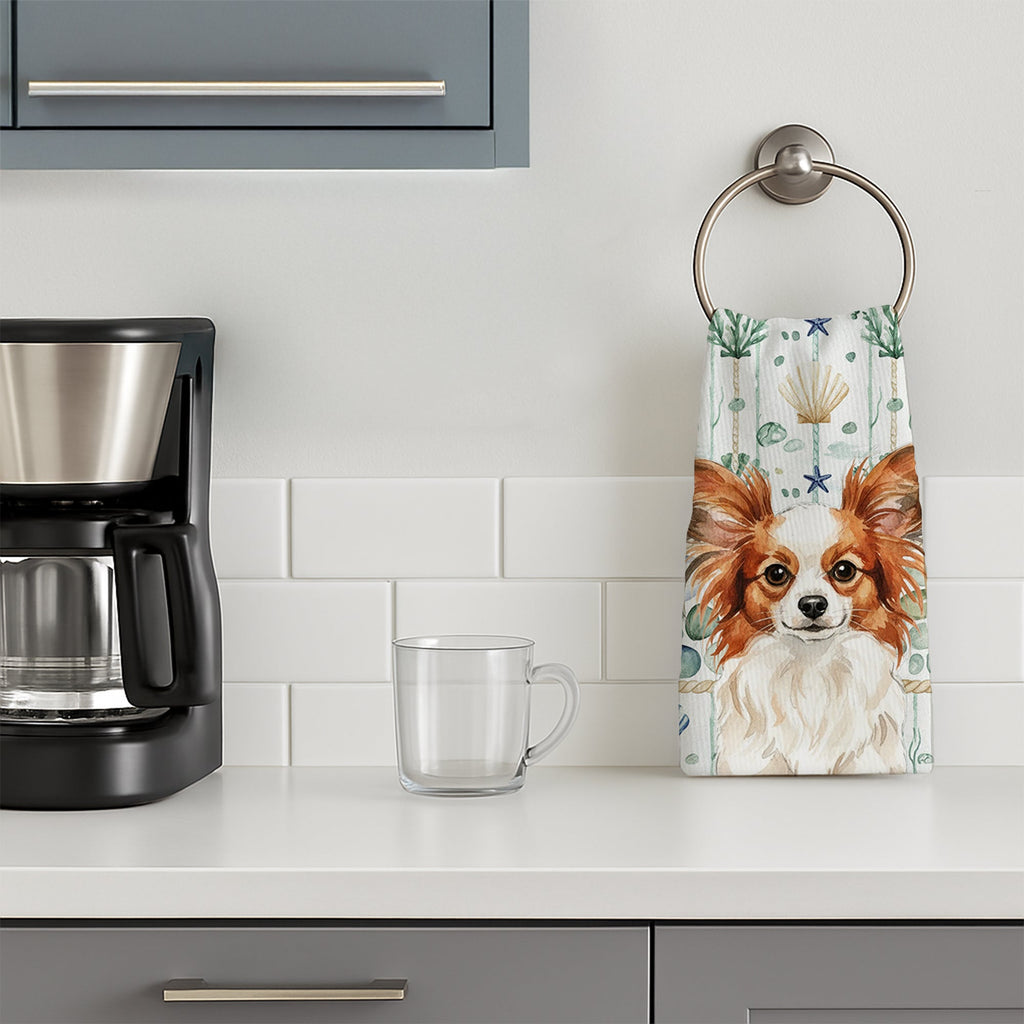 White with Red Papillon Coastal Sea Glass Kitchen Towel Velour Plush Front and Cotton Loop Back Machine Washable
