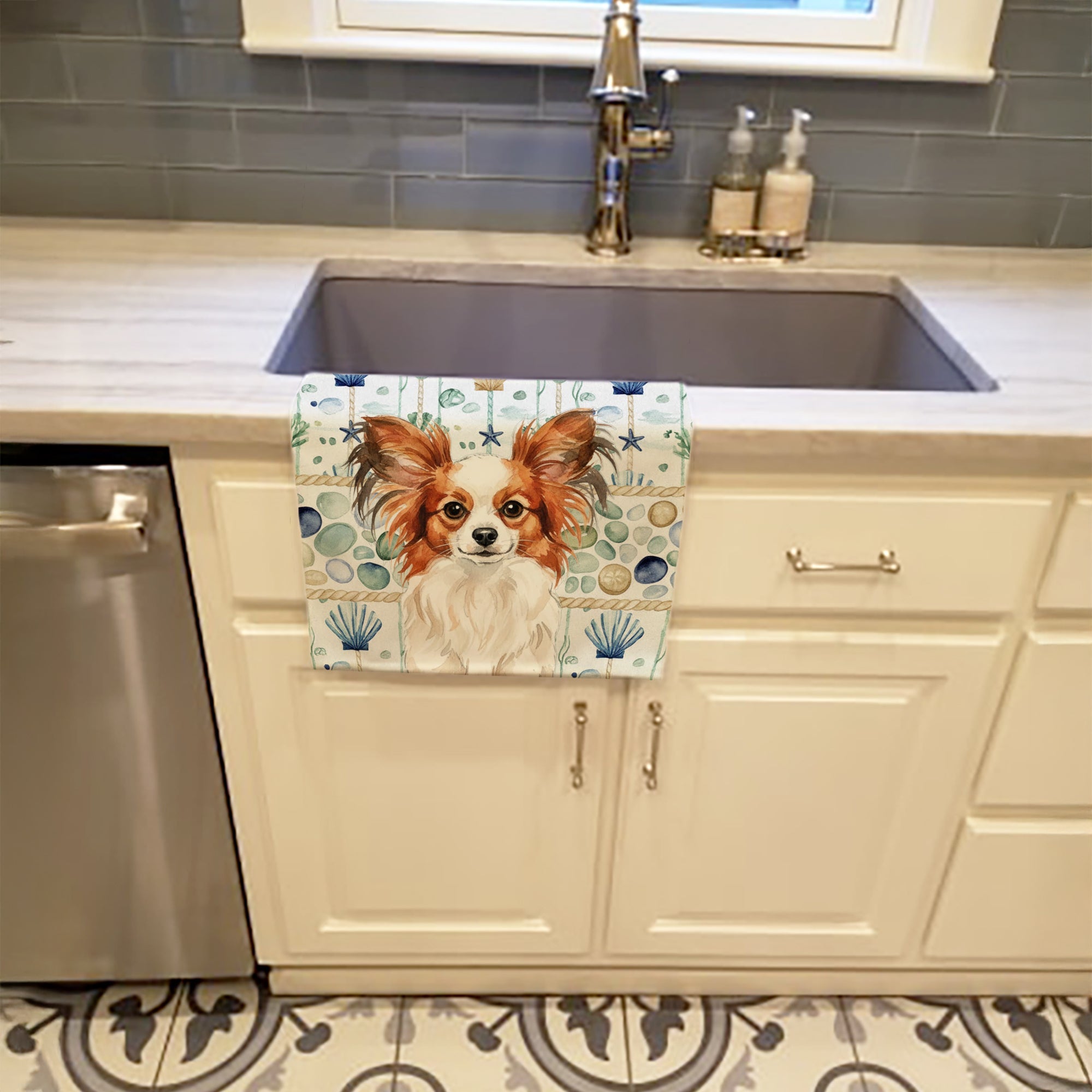 White with Red Papillon Coastal Sea Glass Kitchen Towel Velour Plush Front and Cotton Loop Back Machine Washable
