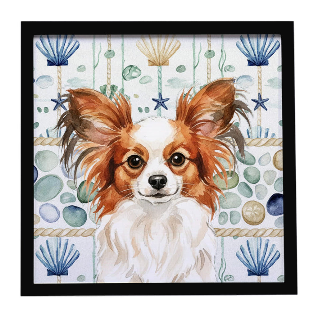 White with Red Papillon Coastal Sea Glass Framed Metal Print Bathroom, Kitchen, Office, Home Decor Wall Art Ready to Hang, Square, 8X8