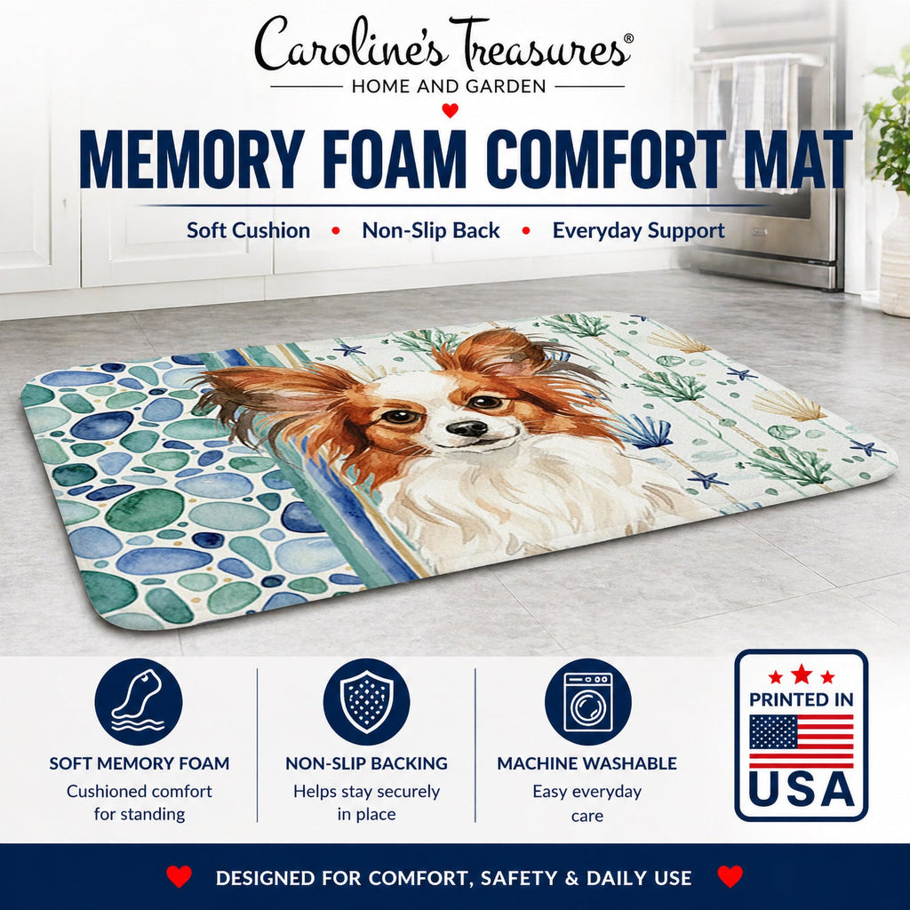 White with Red Papillon Coastal Sea Glass Memory Foam Kitchen Mat Machine Washable Anti-Fatigue Cushion Comfort Bath or Kitchen Rug
