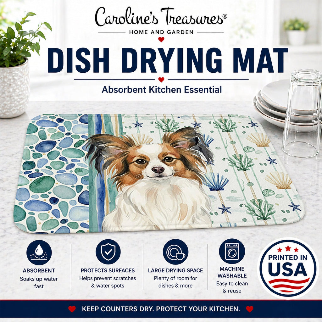 White with Sable Papillon Coastal Sea Glass Dish Drying Mat Absorbent Dish Drying Mat Pad for Kitchen Counter Dish Drainer Mat for Countertop, 14 x 21", Multicolor