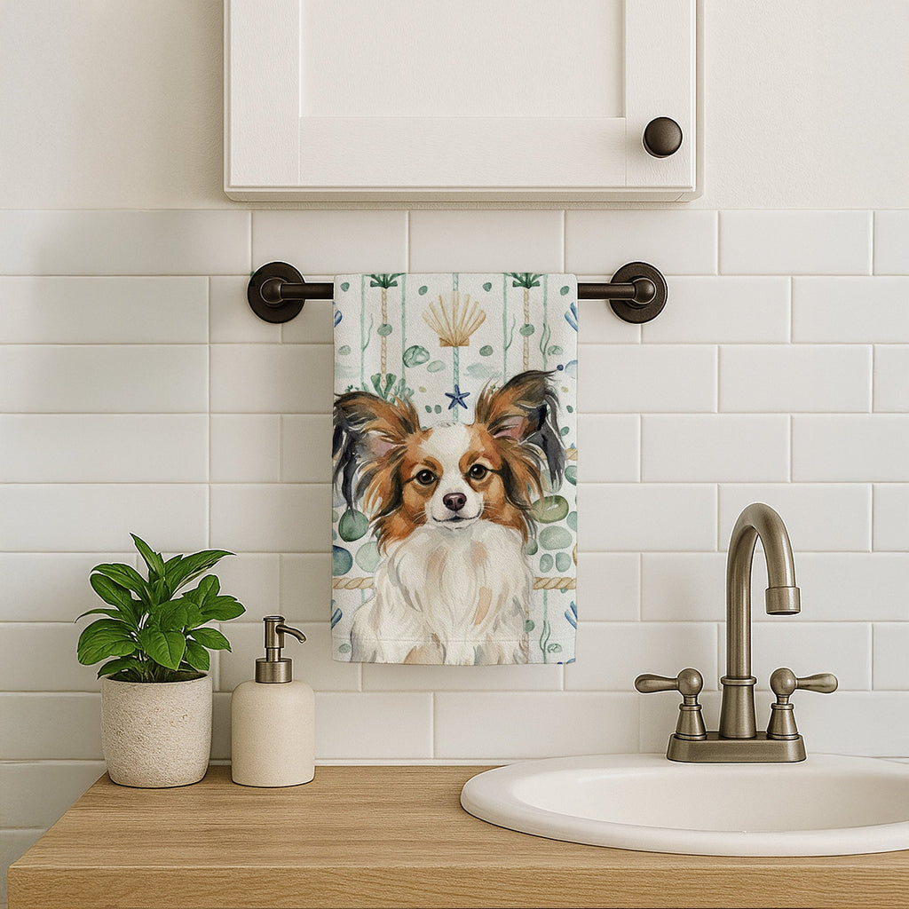 White with Sable Papillon Coastal Sea Glass Kitchen Towel Velour Plush Front and Cotton Loop Back Machine Washable