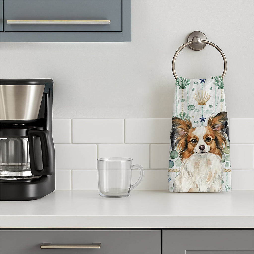 White with Sable Papillon Coastal Sea Glass Kitchen Towel Velour Plush Front and Cotton Loop Back Machine Washable