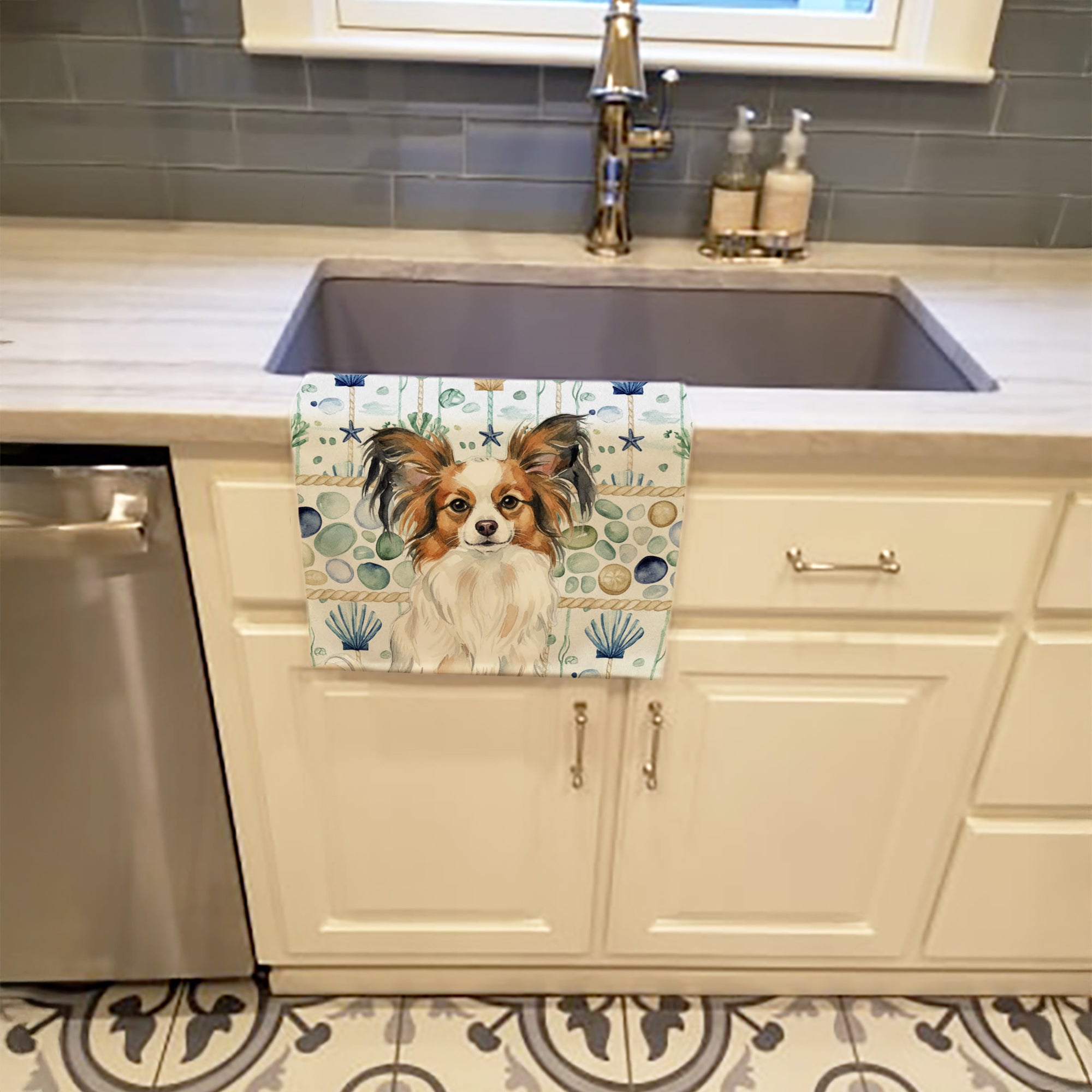 White with Sable Papillon Coastal Sea Glass Kitchen Towel Velour Plush Front and Cotton Loop Back Machine Washable