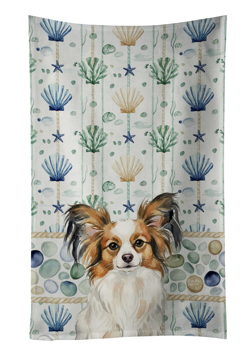 White with Sable Papillon Coastal Sea Glass Kitchen Towel Velour Plush Front and Cotton Loop Back Machine Washable