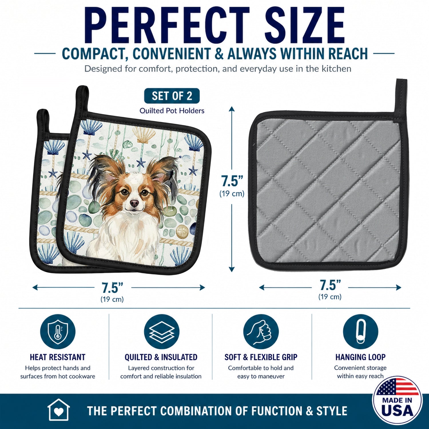 White with Sable Papillon Coastal Sea Glass Pot Holder Set of 2 Heat Resistant Quilted Hot Pads 7.5 x 7.5 Inch, Insulated Kitchen Trivets for Cooking & Baking