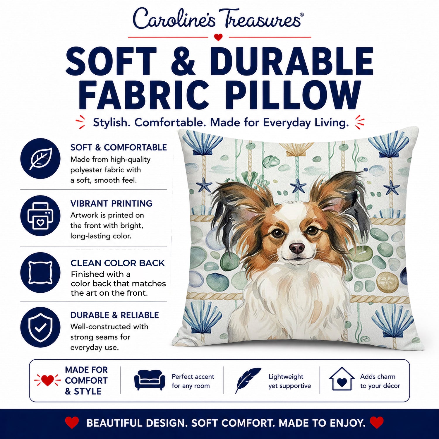 White with Sable Papillon Coastal Sea Glass Decorative Throw Pillow 18x18 Indoor Outdoor Accent Cushion, Fabric Cover with Insert for Sofa, Bed, Porch & Living Room