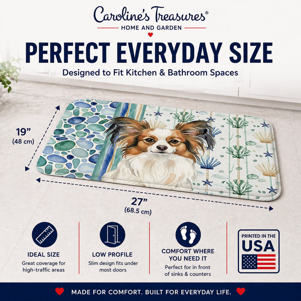 White with Sable Papillon Coastal Sea Glass Memory Foam Kitchen Mat Machine Washable Anti-Fatigue Cushion Comfort Bath or Kitchen Rug