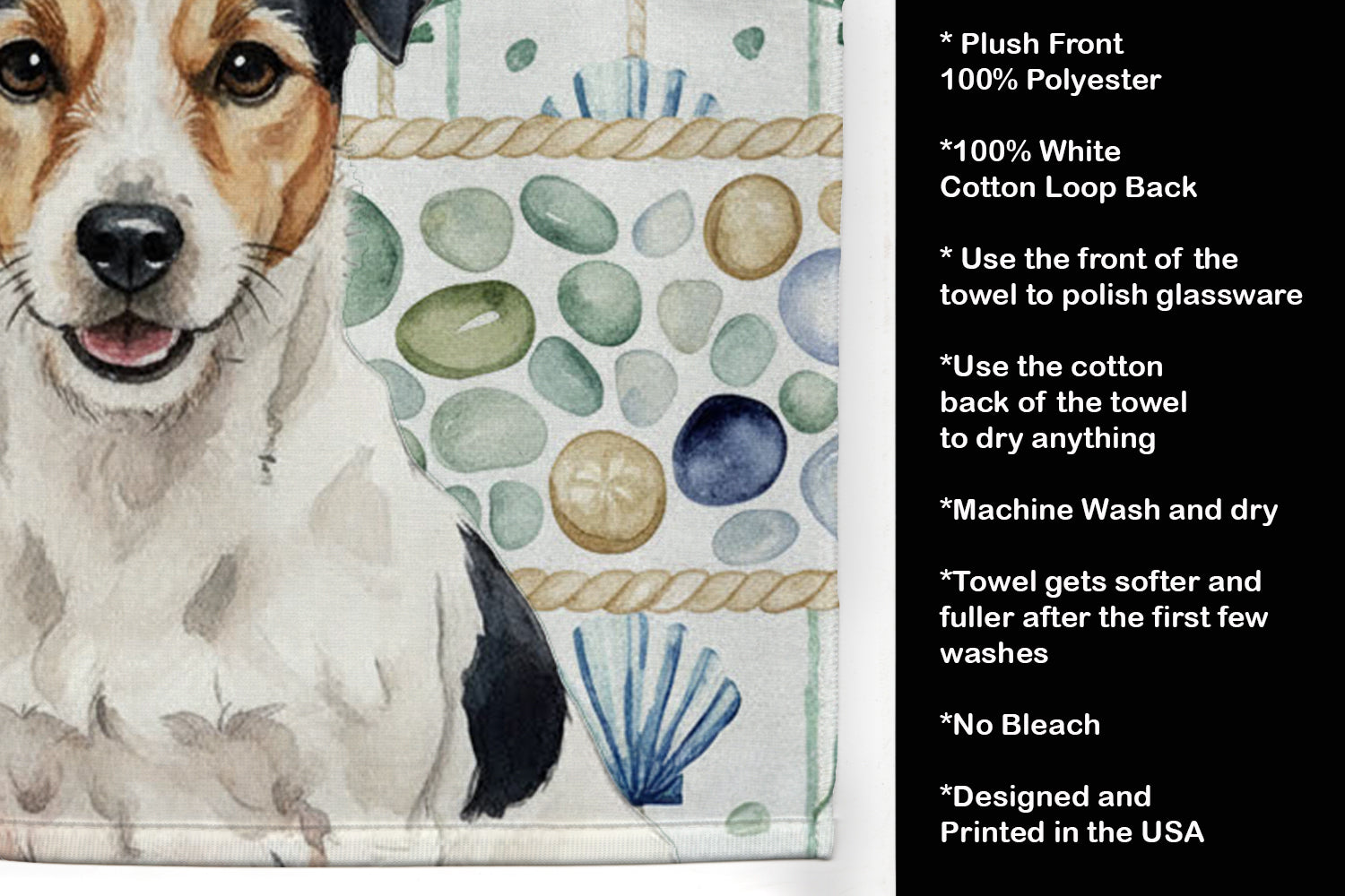 Parson Russell Terrier Coastal Sea Glass Kitchen Towel Velour Plush Front and Cotton Loop Back Machine Washable