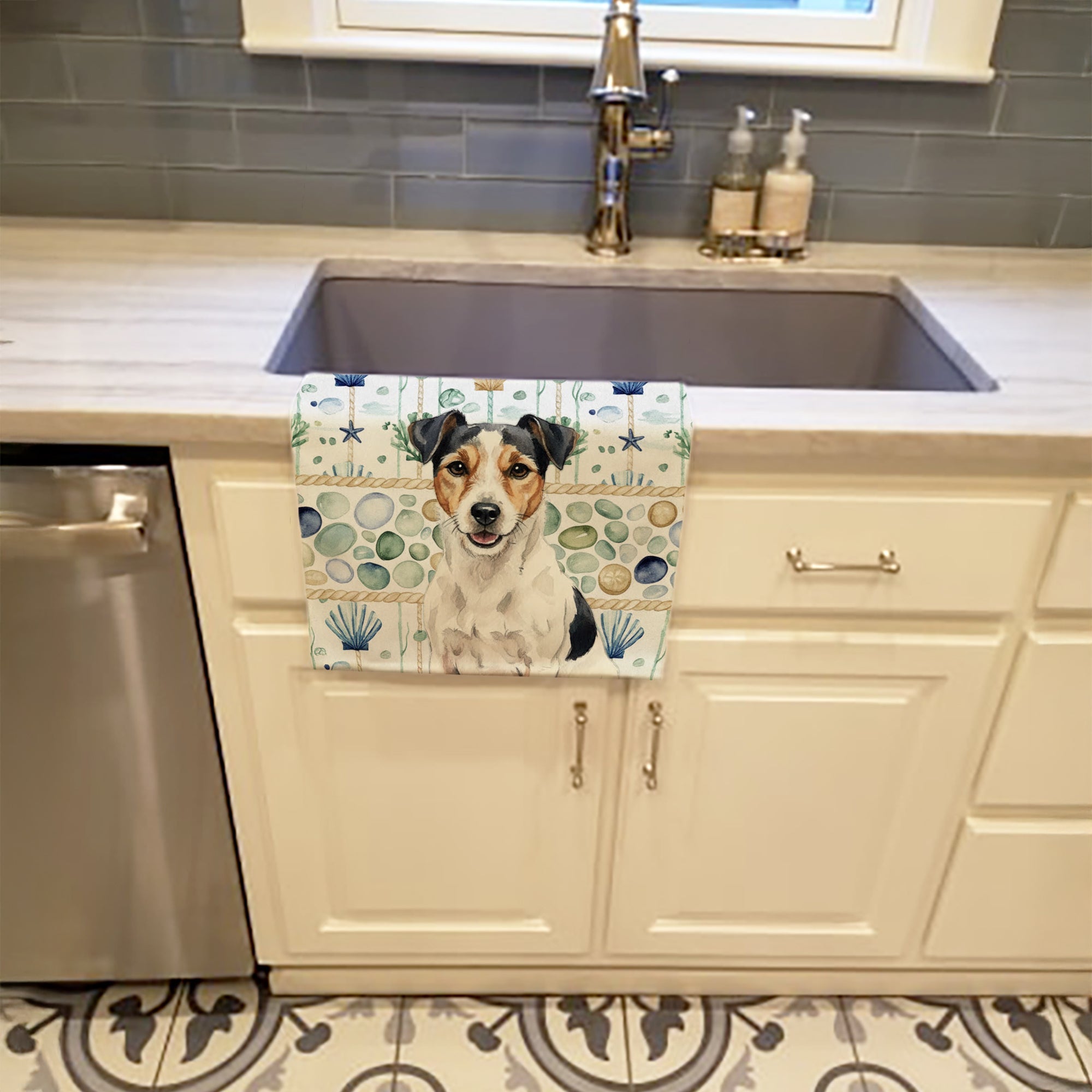 Parson Russell Terrier Coastal Sea Glass Kitchen Towel Velour Plush Front and Cotton Loop Back Machine Washable