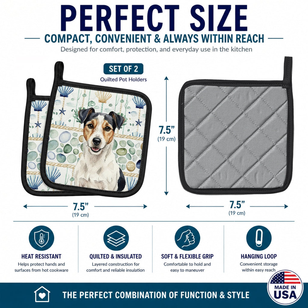 Parson Russell Terrier Coastal Sea Glass Pot Holder Set of 2 Heat Resistant Quilted Hot Pads 7.5 x 7.5 Inch, Insulated Kitchen Trivets for Cooking & Baking