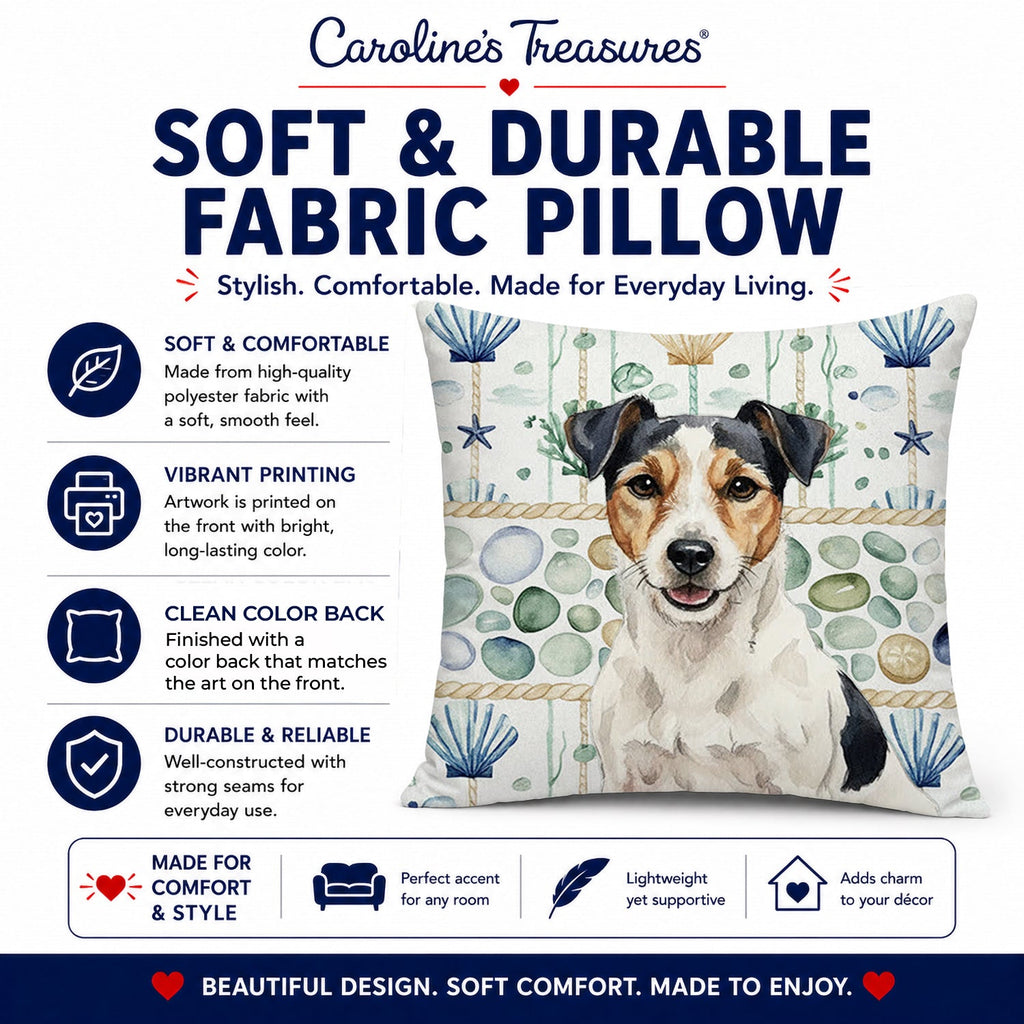 Parson Russell Terrier Coastal Sea Glass Decorative Throw Pillow 18x18 Indoor Outdoor Accent Cushion, Fabric Cover with Insert for Sofa, Bed, Porch & Living Room