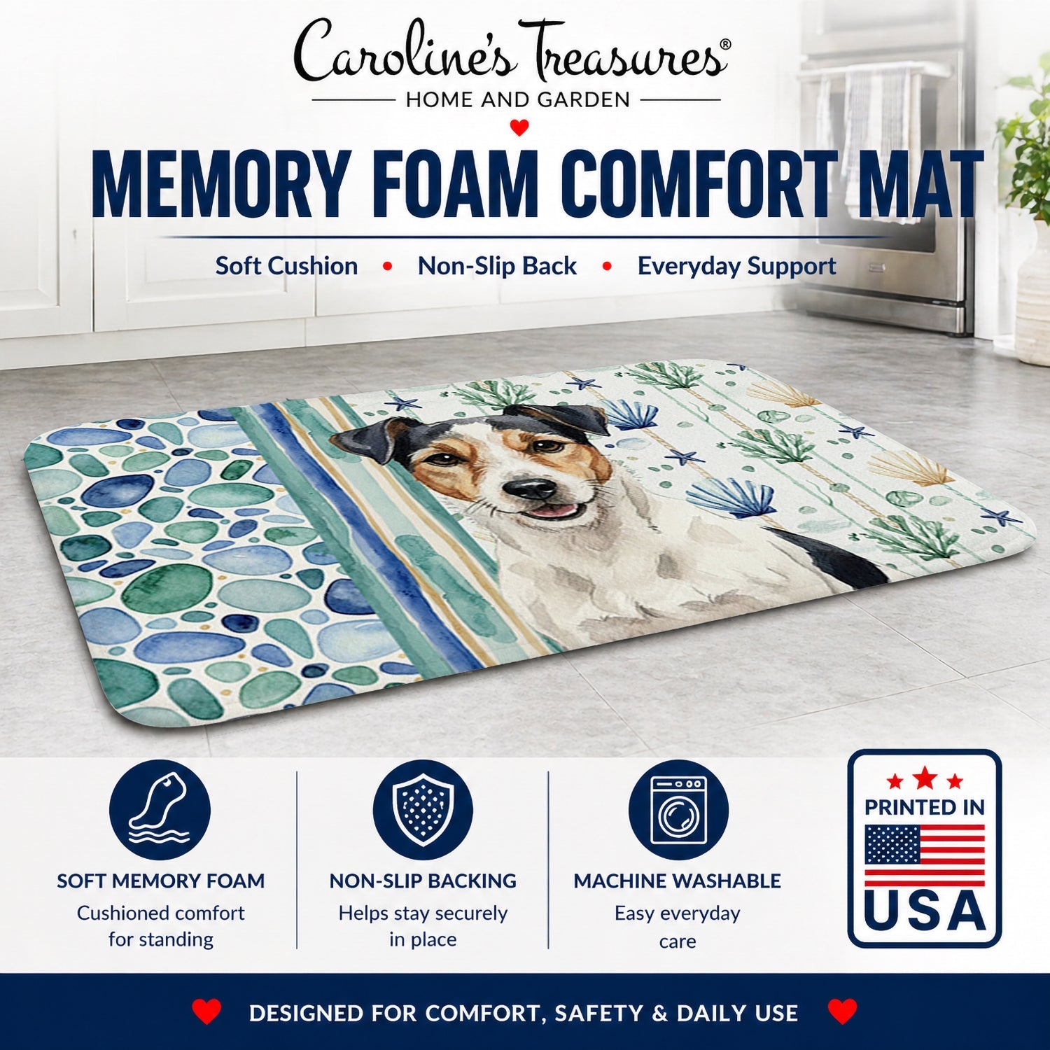 Parson Russell Terrier Coastal Sea Glass Memory Foam Kitchen Mat Machine Washable Anti-Fatigue Cushion Comfort Bath or Kitchen Rug