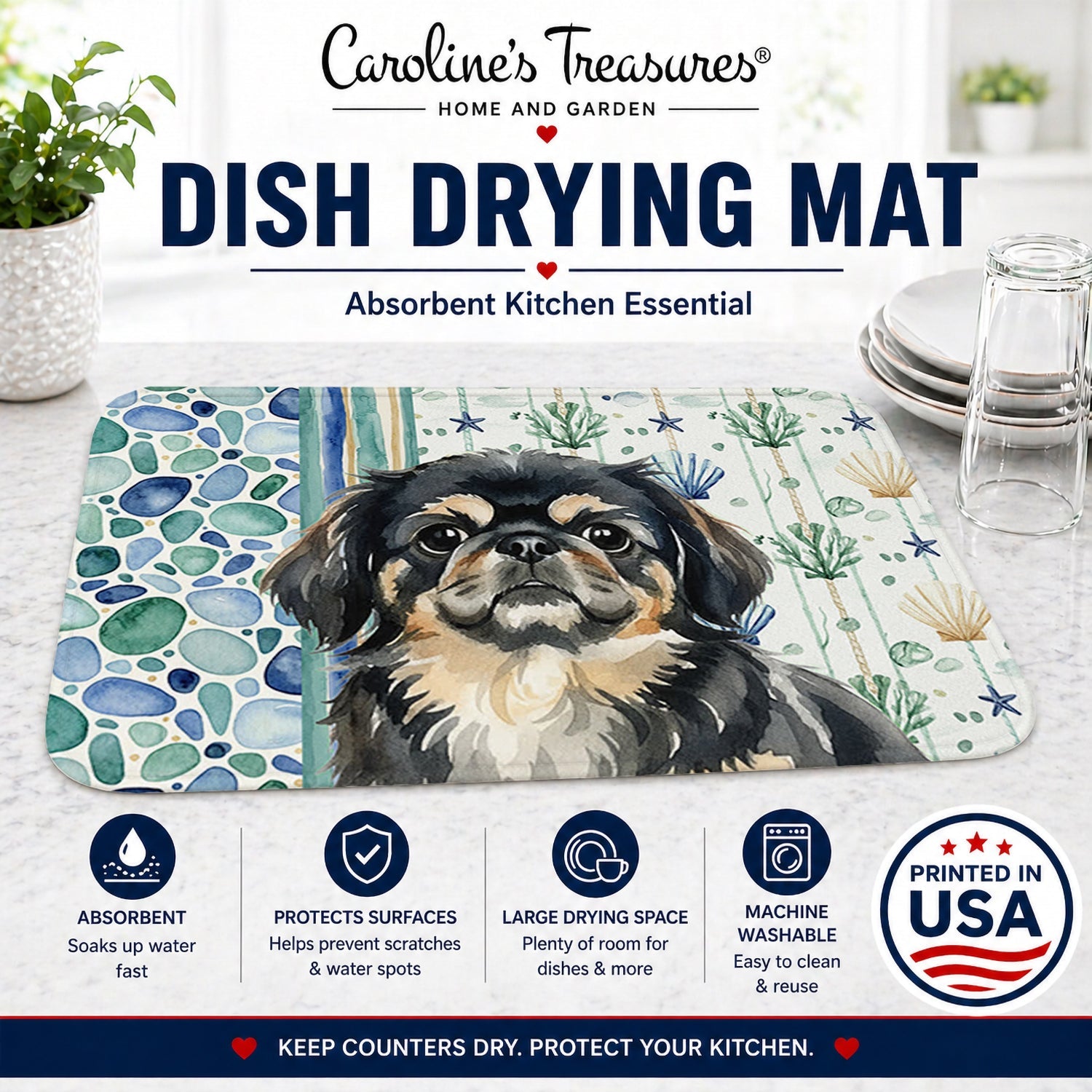 Black and Tan Pekingese Coastal Sea Glass Dish Drying Mat Absorbent Dish Drying Mat Pad for Kitchen Counter Dish Drainer Mat for Countertop, 14 x 21", Multicolor