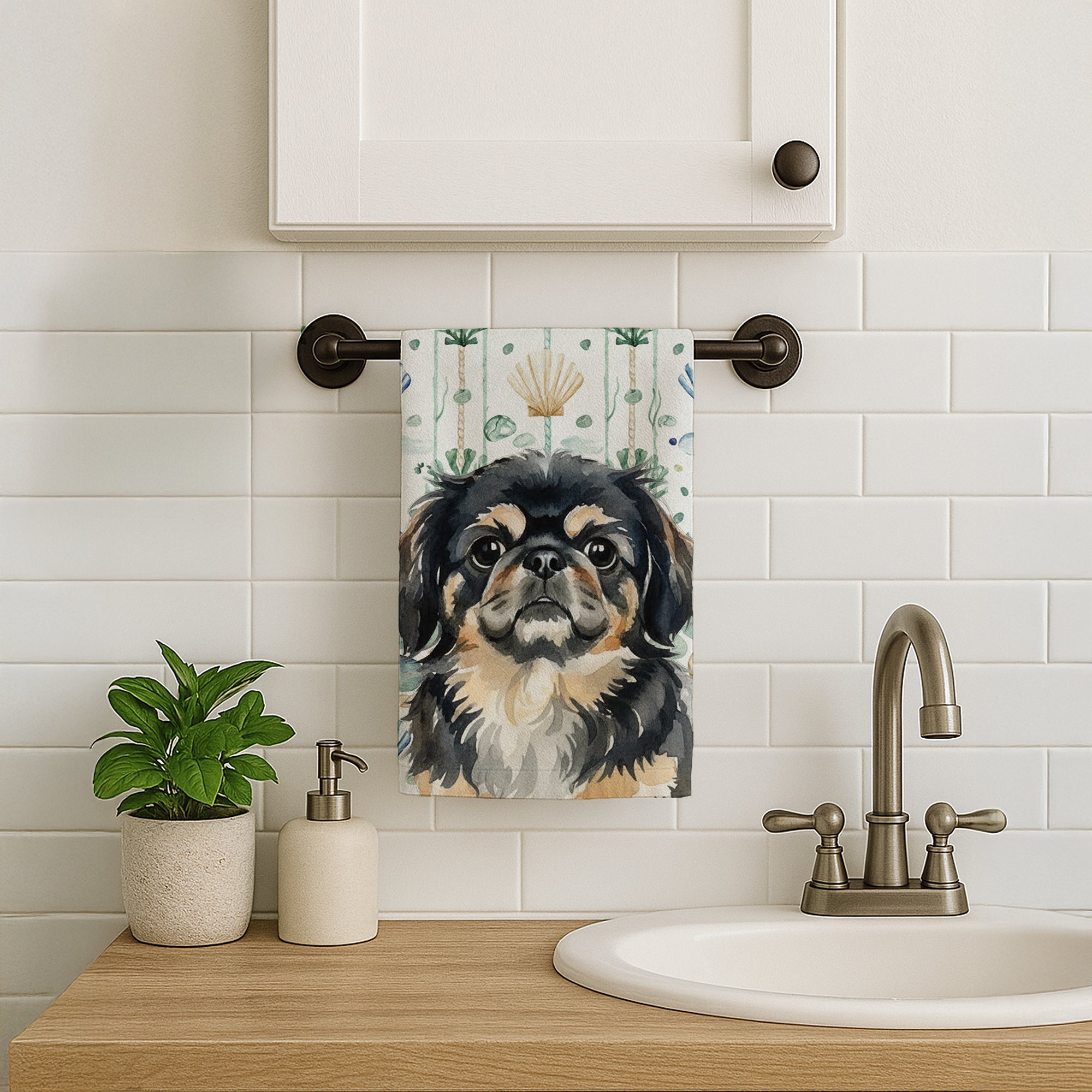 Black and Tan Pekingese Coastal Sea Glass Kitchen Towel Velour Plush Front and Cotton Loop Back Machine Washable