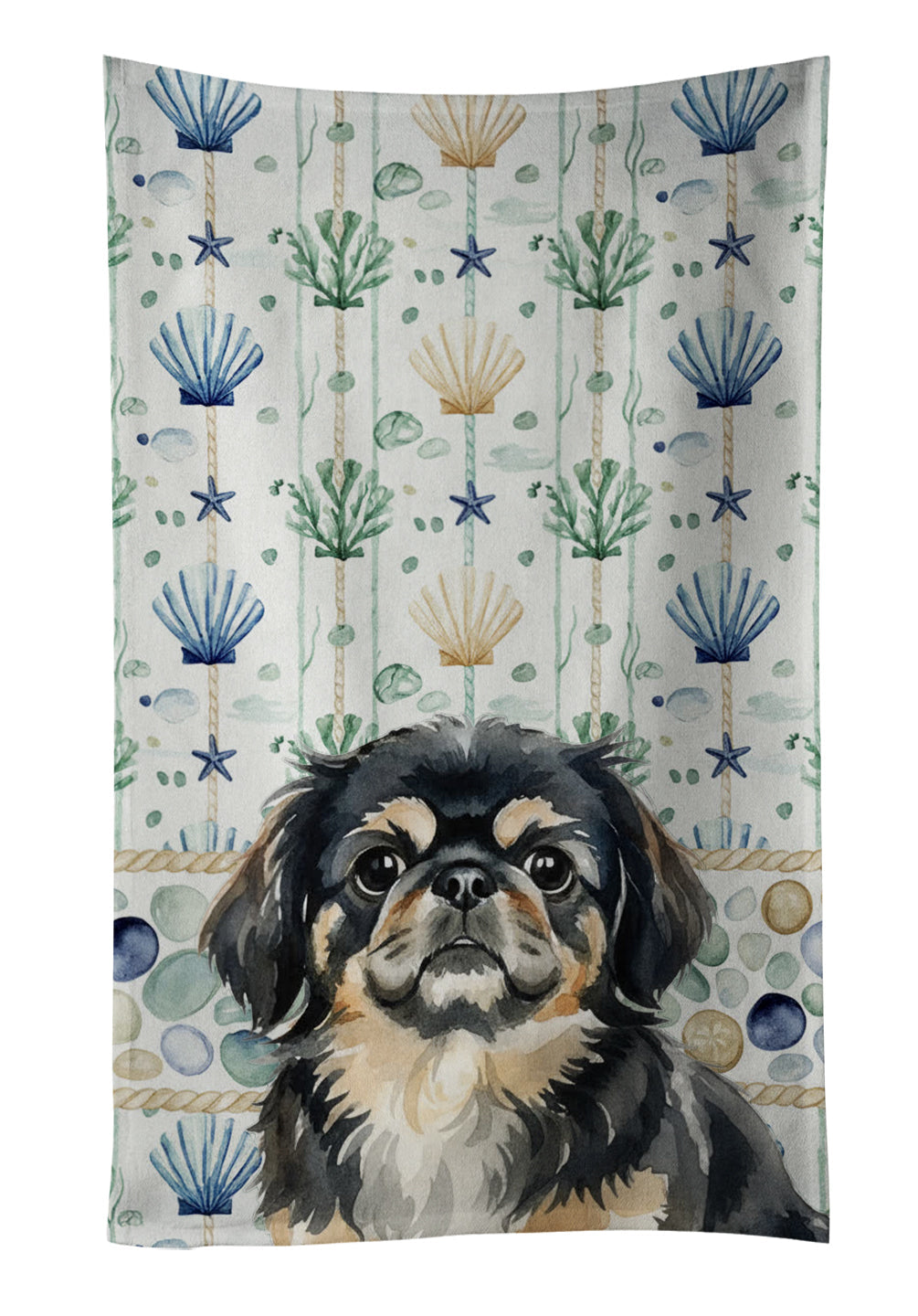 Black and Tan Pekingese Coastal Sea Glass Kitchen Towel Velour Plush Front and Cotton Loop Back Machine Washable