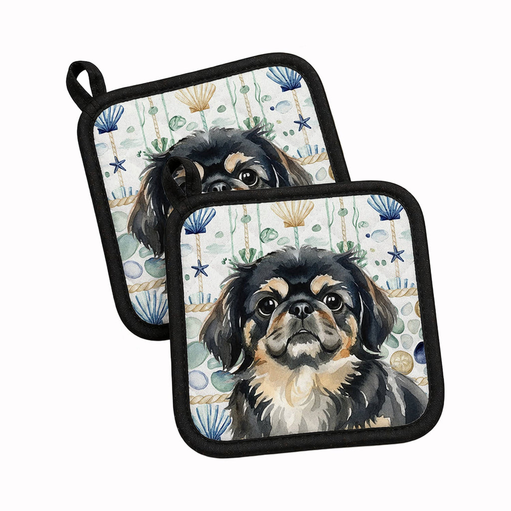Black and Tan Pekingese Coastal Sea Glass Pot Holder Set of 2 Heat Resistant Quilted Hot Pads 7.5 x 7.5 Inch, Insulated Kitchen Trivets for Cooking & Baking