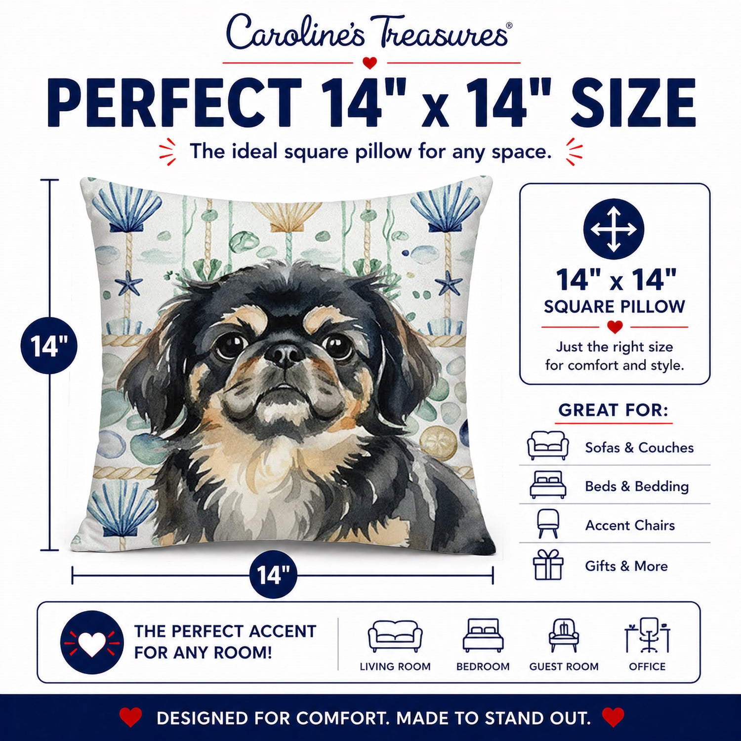 Black and Tan Pekingese Coastal Sea Glass Decorative Throw Pillow 14x14 Indoor Outdoor Accent Cushion, Fabric Cover with Insert for Sofa, Bed, Porch & Living Room