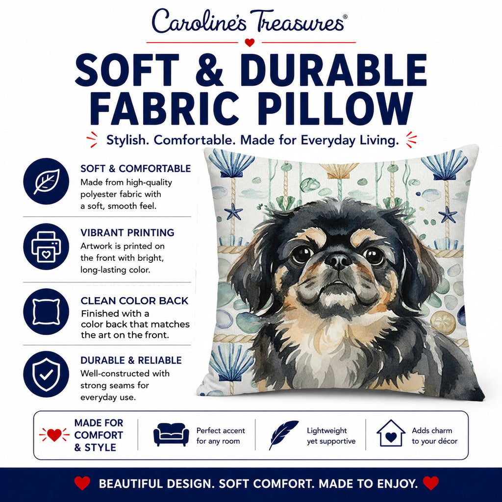 Black and Tan Pekingese Coastal Sea Glass Decorative Throw Pillow 18x18 Indoor Outdoor Accent Cushion, Fabric Cover with Insert for Sofa, Bed, Porch & Living Room
