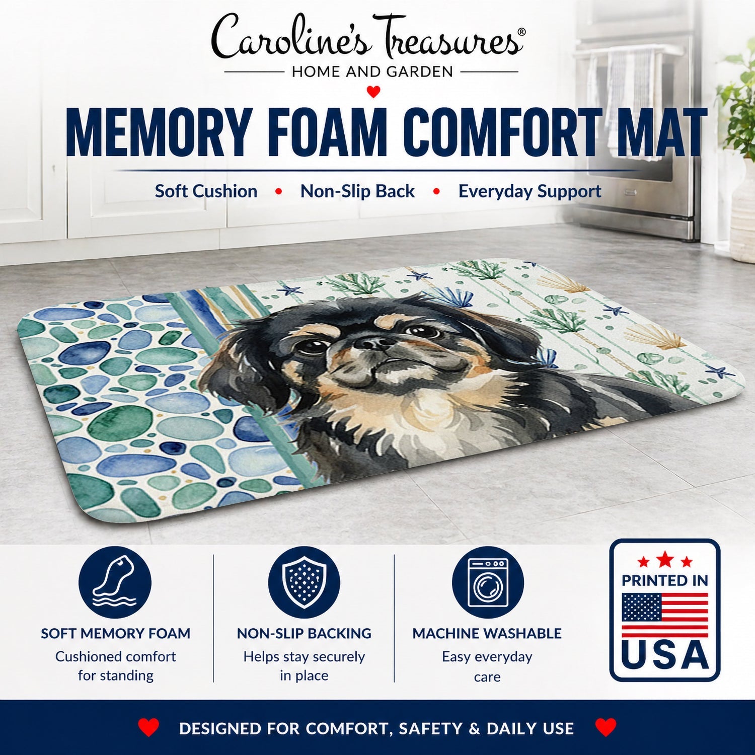 Black and Tan Pekingese Coastal Sea Glass Memory Foam Kitchen Mat Machine Washable Anti-Fatigue Cushion Comfort Bath or Kitchen Rug