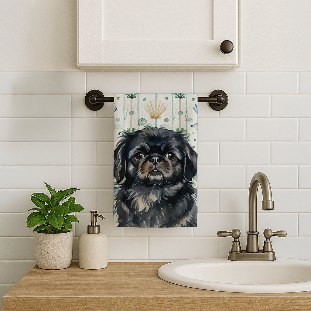 Black Pekingese Coastal Sea Glass Kitchen Towel Velour Plush Front and Cotton Loop Back Machine Washable