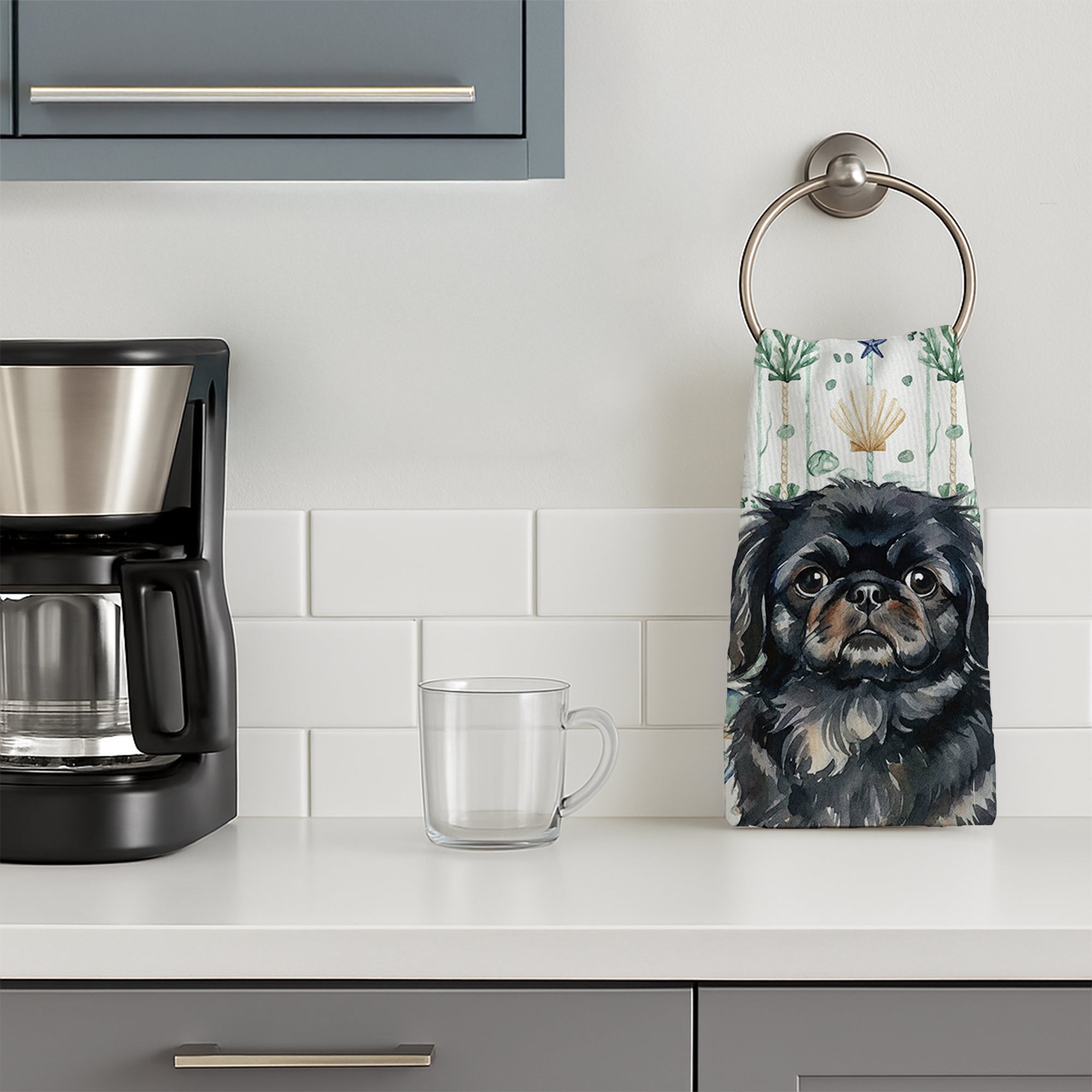 Black Pekingese Coastal Sea Glass Kitchen Towel Velour Plush Front and Cotton Loop Back Machine Washable