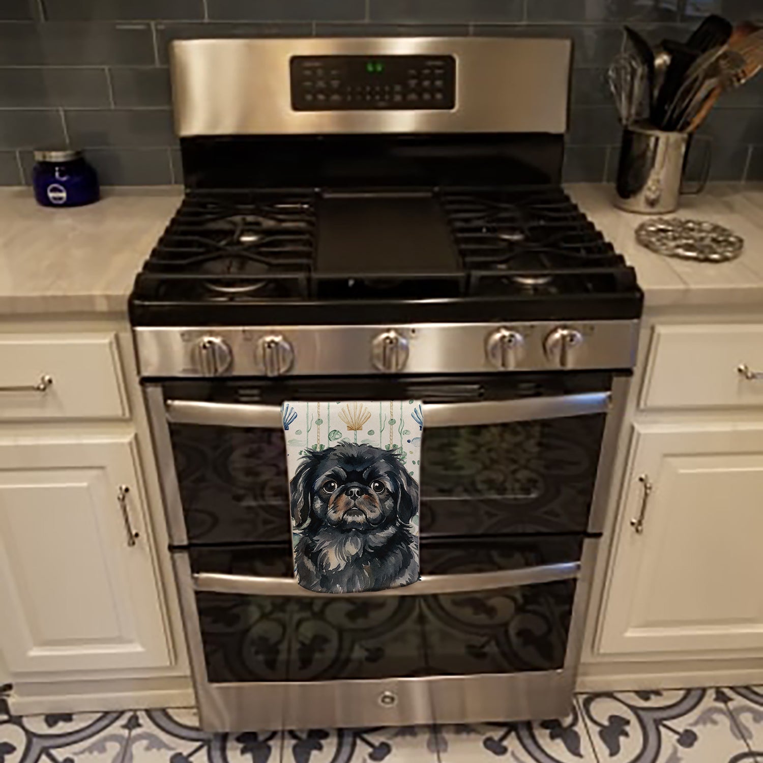 Black Pekingese Coastal Sea Glass Kitchen Towel Velour Plush Front and Cotton Loop Back Machine Washable