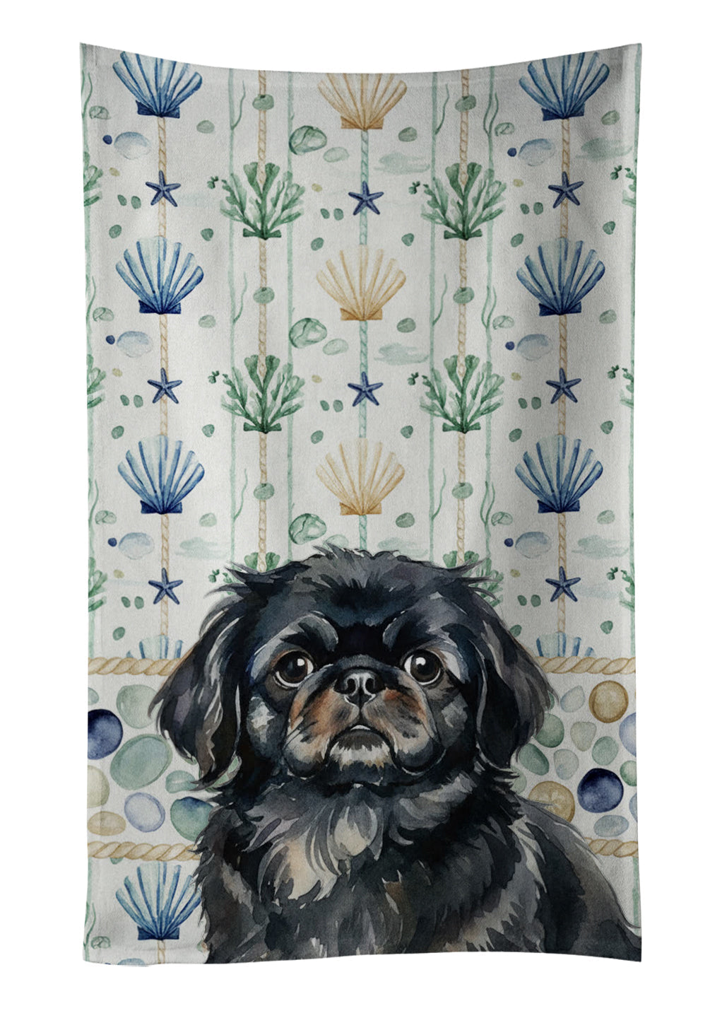 Black Pekingese Coastal Sea Glass Kitchen Towel Velour Plush Front and Cotton Loop Back Machine Washable