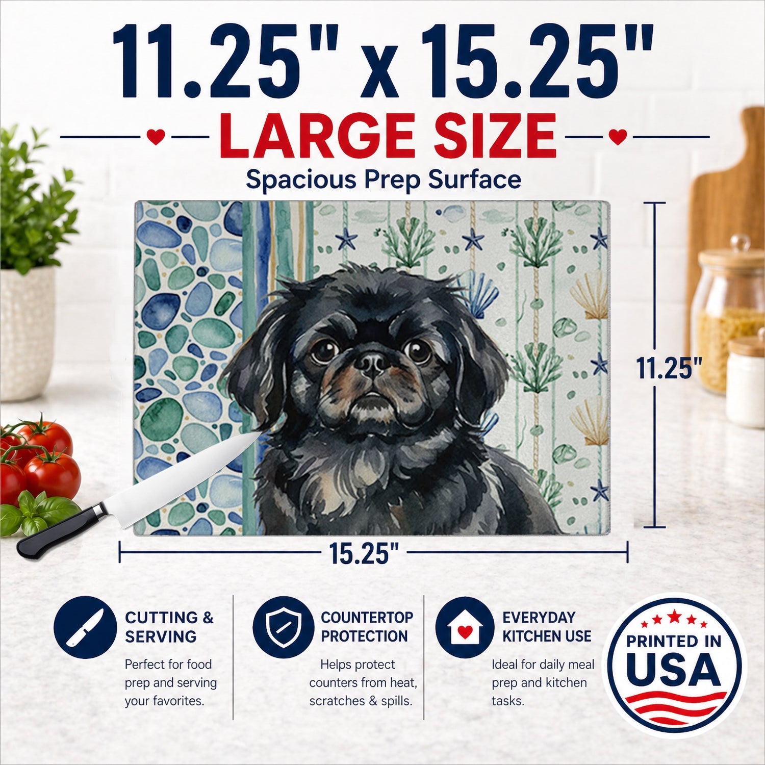 Black Pekingese Coastal Sea Glass Cutting Board Tempered Glass Kitchen Cutting Surface, Heat Resistant Chopping, Non-Slip Feet, Food Prep & Serving