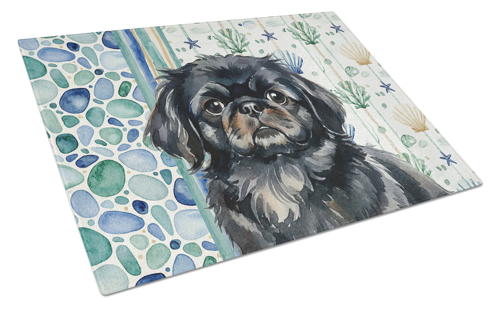 Black Pekingese Coastal Sea Glass Cutting Board Tempered Glass Kitchen Cutting Surface, Heat Resistant Chopping, Non-Slip Feet, Food Prep & Serving