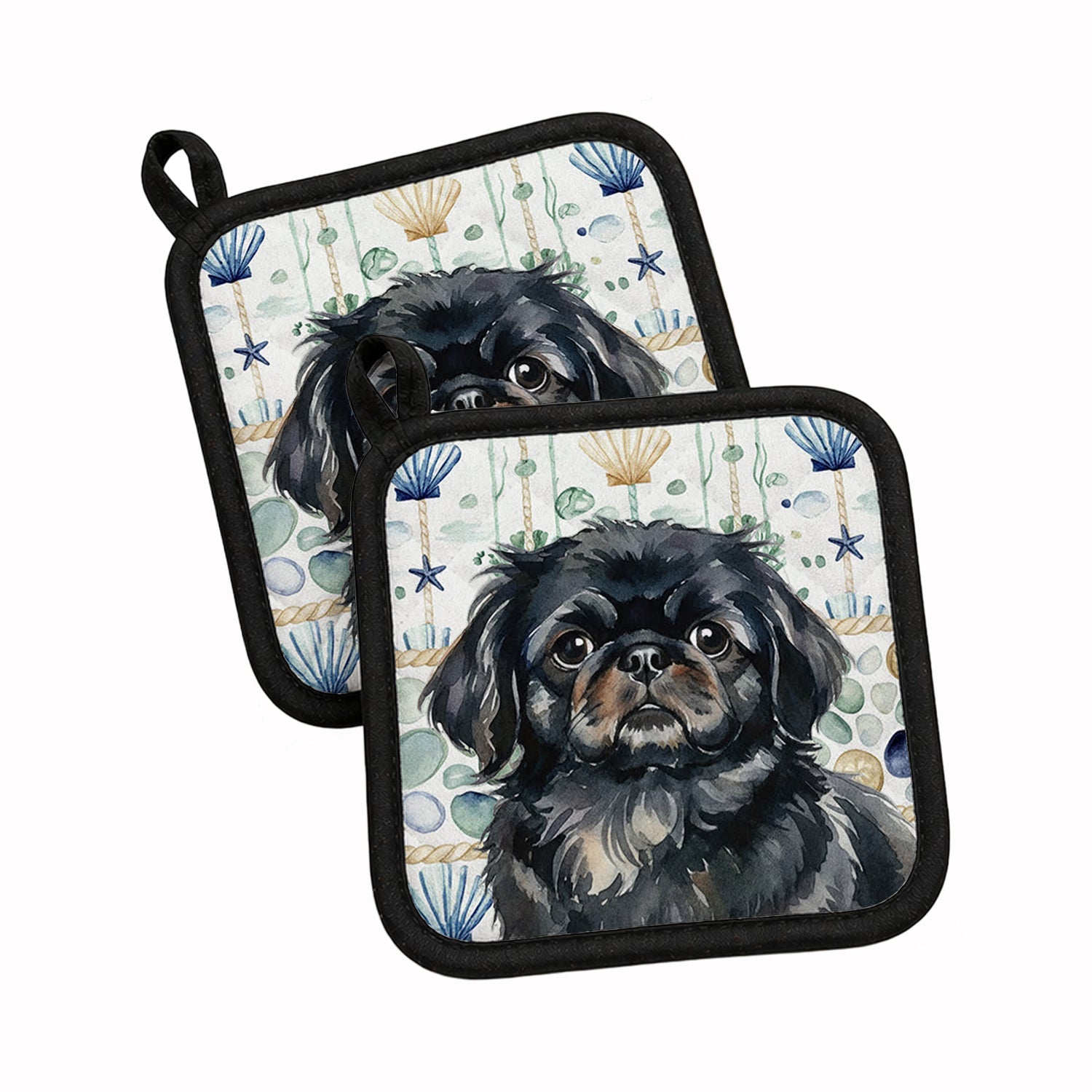 Black Pekingese Coastal Sea Glass Pot Holder Set of 2 Heat Resistant Quilted Hot Pads 7.5 x 7.5 Inch, Insulated Kitchen Trivets for Cooking & Baking