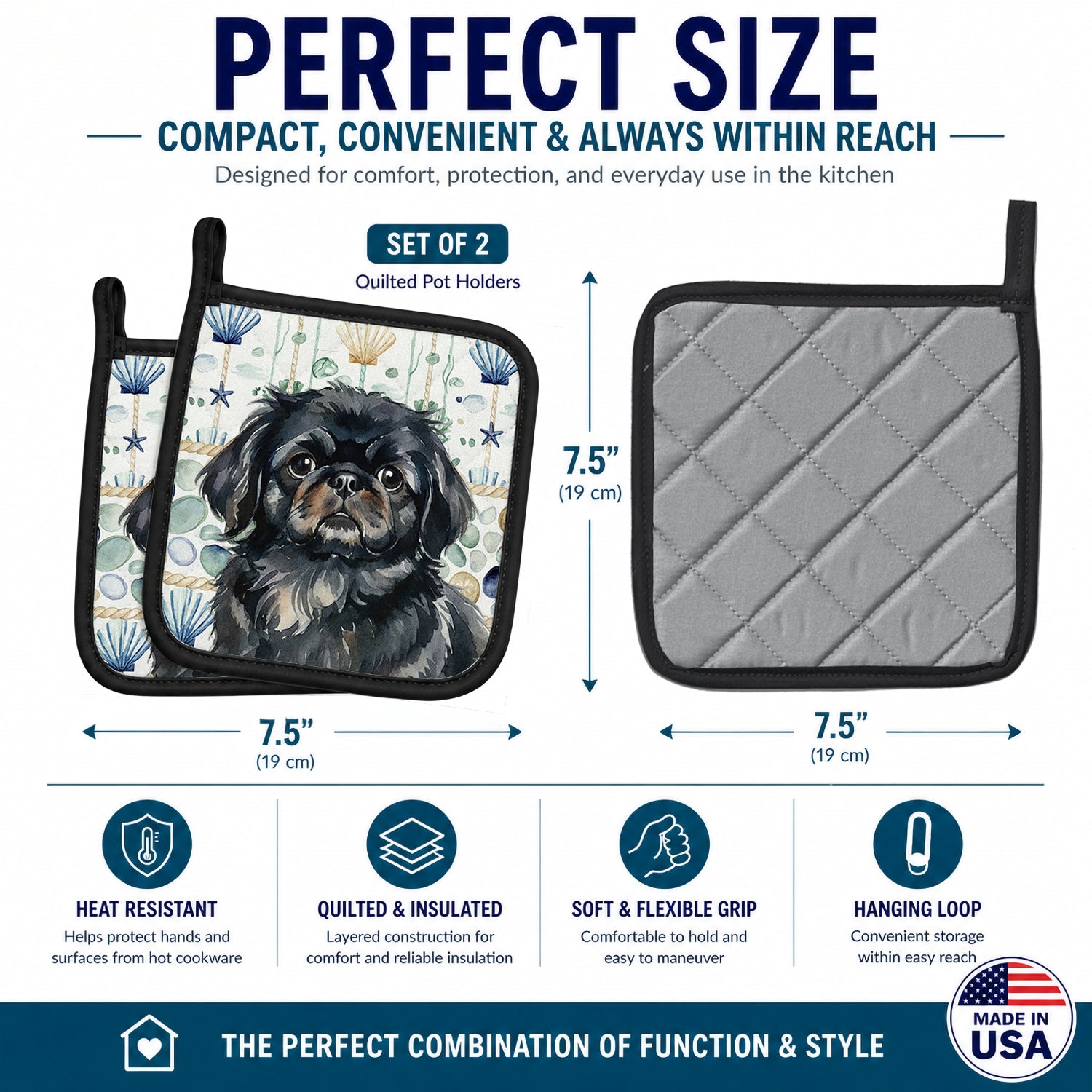 Black Pekingese Coastal Sea Glass Pot Holder Set of 2 Heat Resistant Quilted Hot Pads 7.5 x 7.5 Inch, Insulated Kitchen Trivets for Cooking & Baking