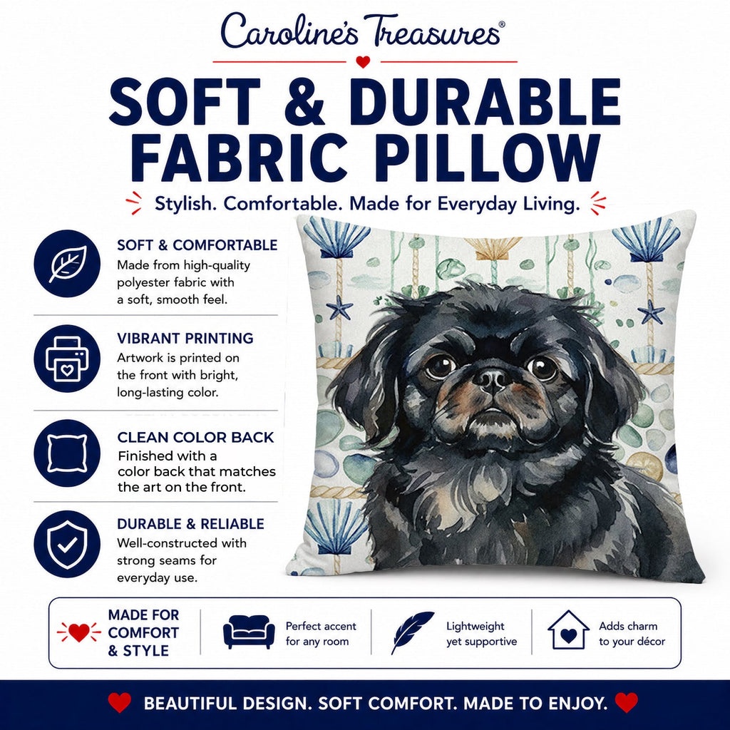 Black Pekingese Coastal Sea Glass Decorative Throw Pillow 14x14 Indoor Outdoor Accent Cushion, Fabric Cover with Insert for Sofa, Bed, Porch & Living Room