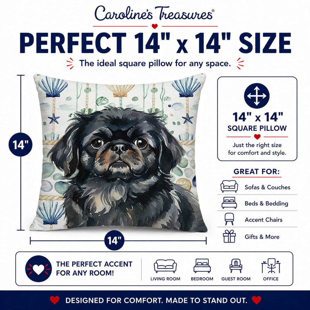 Black Pekingese Coastal Sea Glass Decorative Throw Pillow 14x14 Indoor Outdoor Accent Cushion, Fabric Cover with Insert for Sofa, Bed, Porch & Living Room