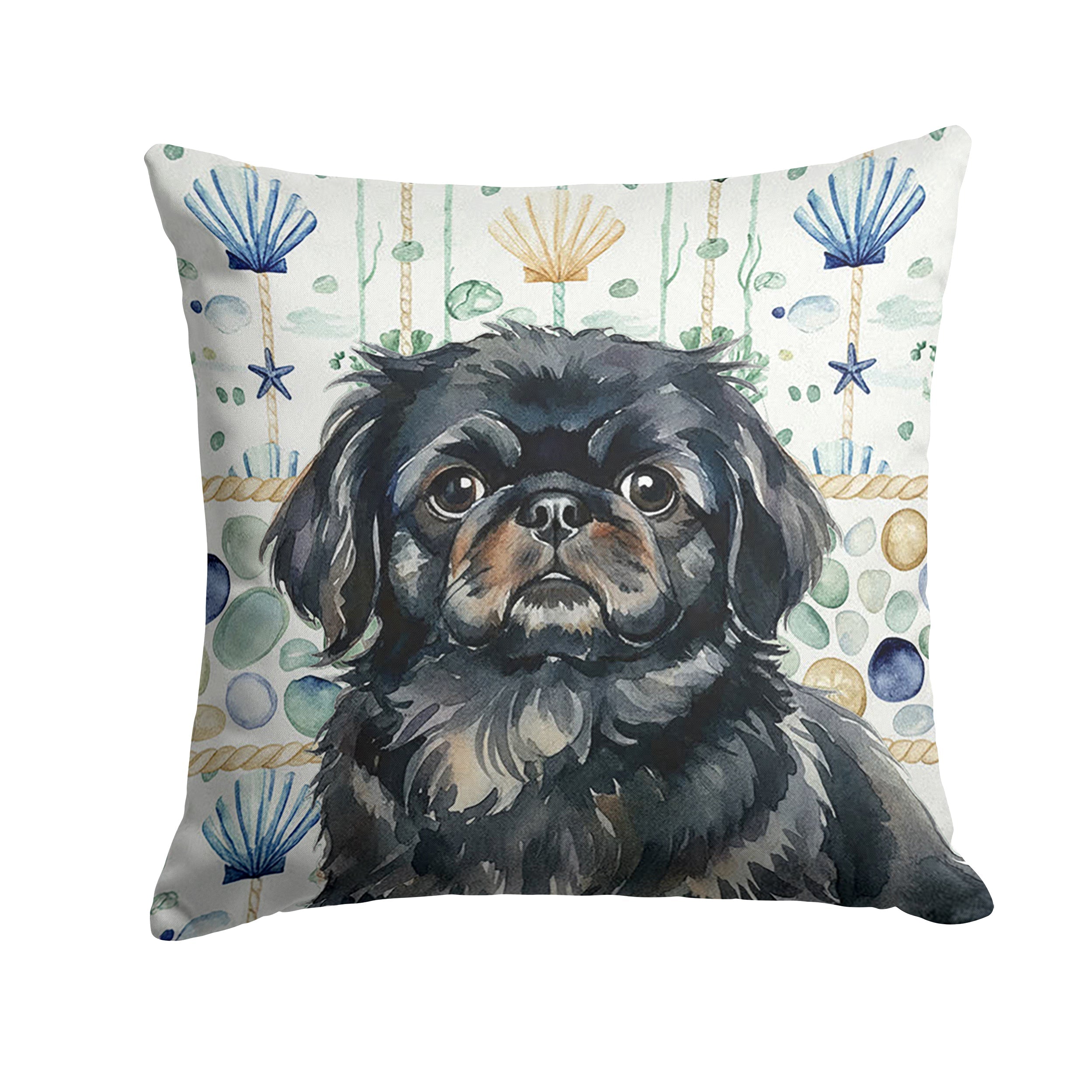 Black Pekingese Coastal Sea Glass Decorative Throw Pillow 18x18 Indoor Outdoor Accent Cushion, Fabric Cover with Insert for Sofa, Bed, Porch & Living Room