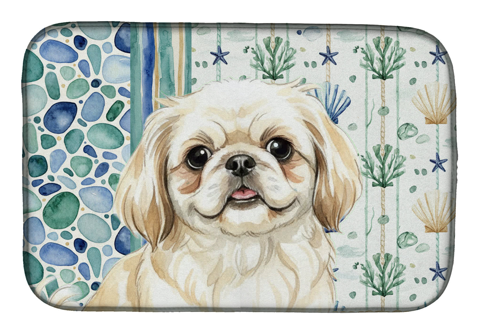 Cream Pekingese Coastal Sea Glass Dish Drying Mat Absorbent Dish Drying Mat Pad for Kitchen Counter Dish Drainer Mat for Countertop, 14 x 21", Multicolor