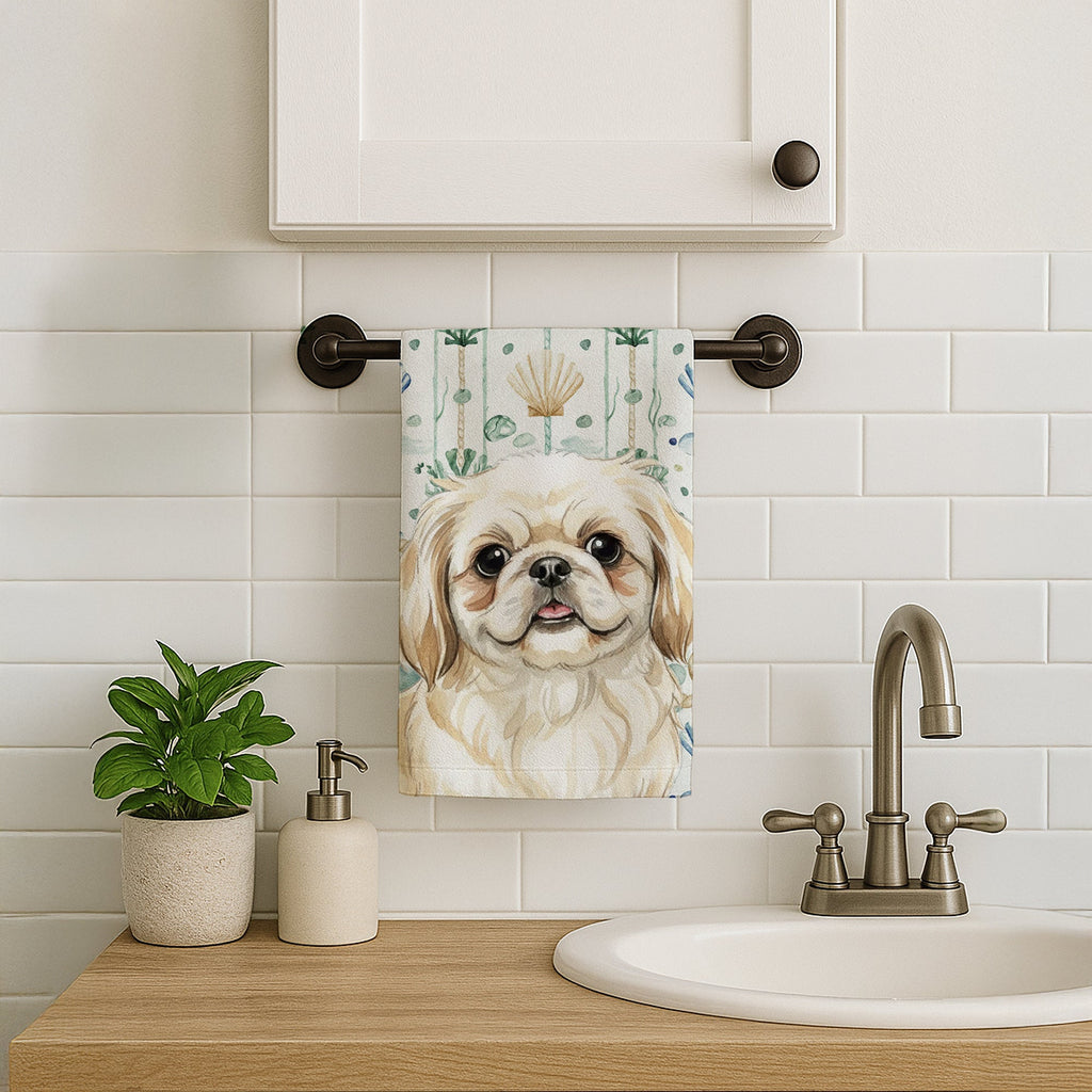 Cream Pekingese Coastal Sea Glass Kitchen Towel Velour Plush Front and Cotton Loop Back Machine Washable