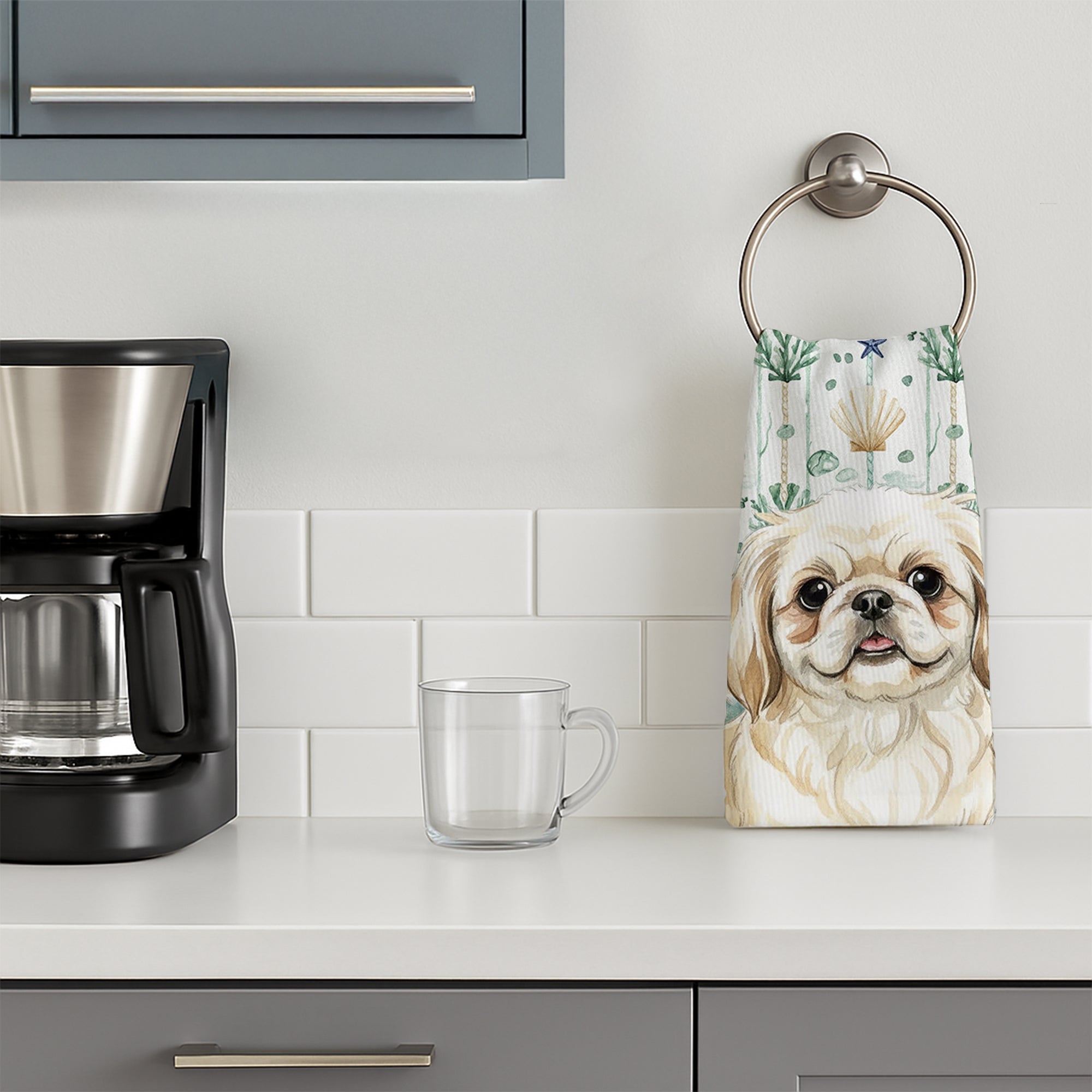 Cream Pekingese Coastal Sea Glass Kitchen Towel Velour Plush Front and Cotton Loop Back Machine Washable
