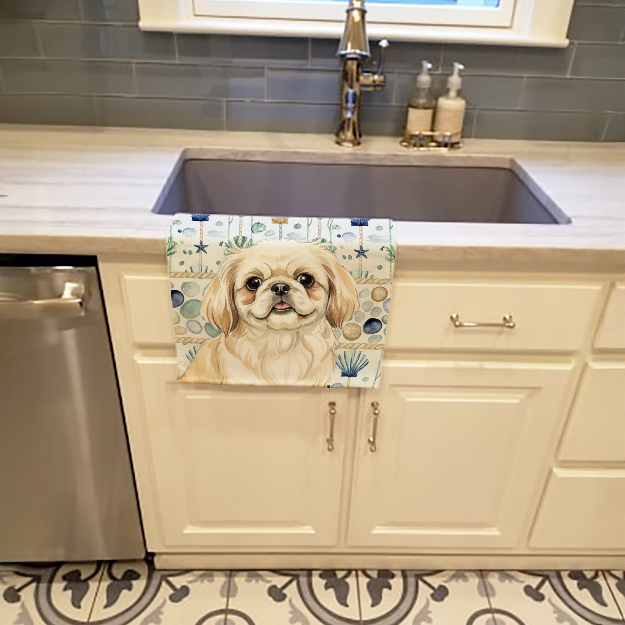 Cream Pekingese Coastal Sea Glass Kitchen Towel Velour Plush Front and Cotton Loop Back Machine Washable