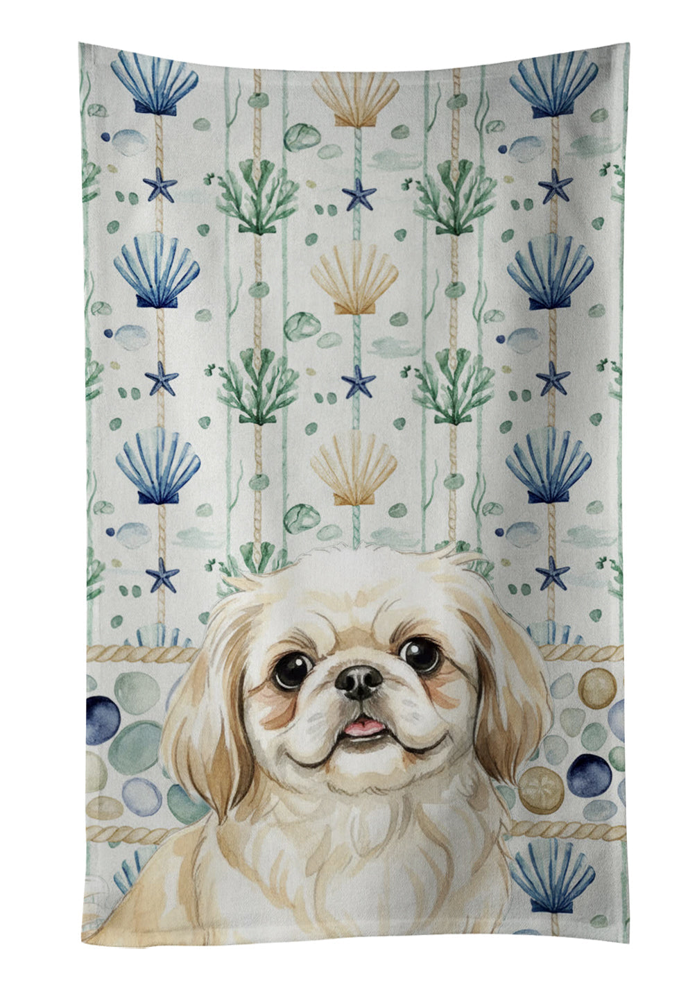 Cream Pekingese Coastal Sea Glass Kitchen Towel Velour Plush Front and Cotton Loop Back Machine Washable