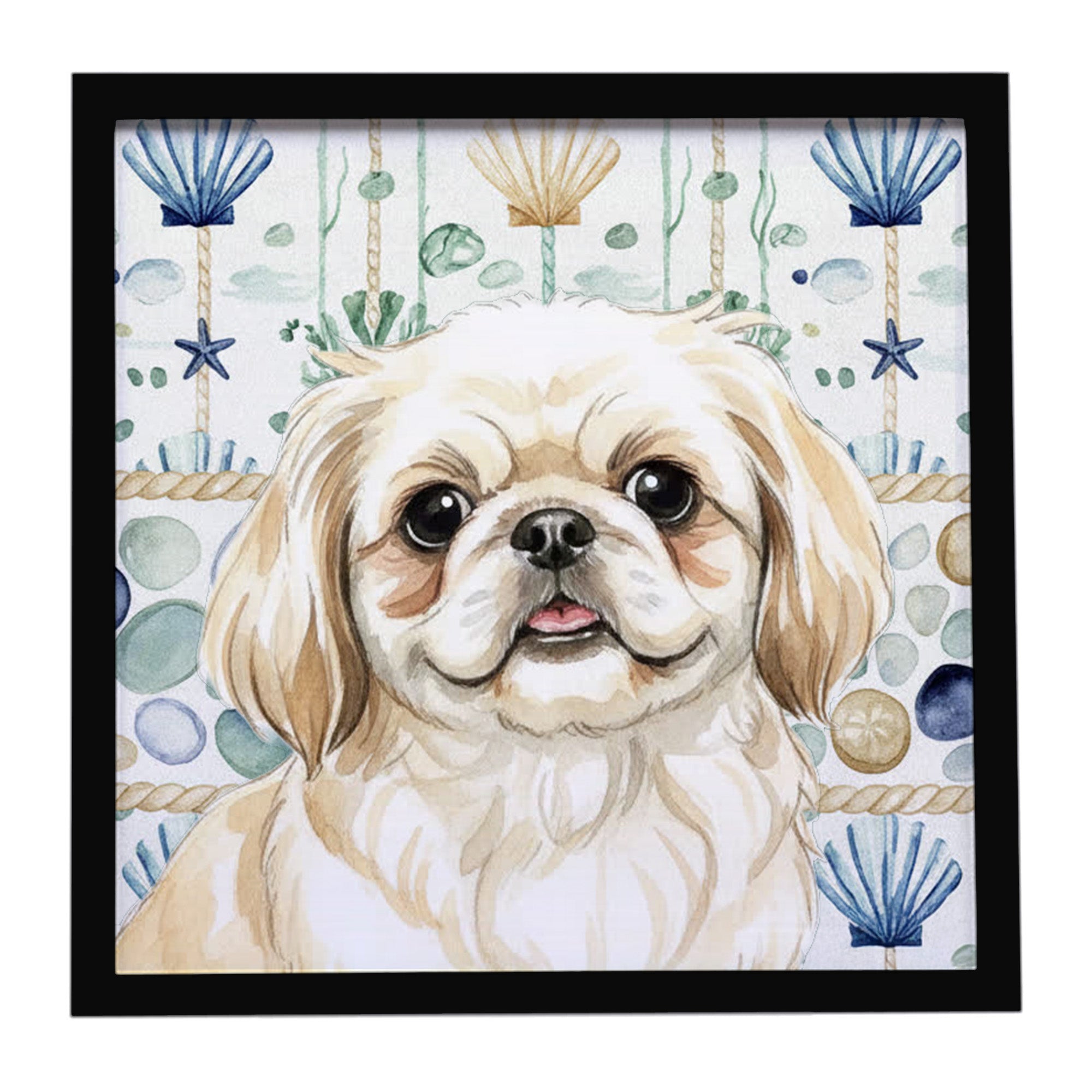 Cream Pekingese Coastal Sea Glass Framed Metal Print Bathroom, Kitchen, Office, Home Decor Wall Art Ready to Hang, Square, 8X8