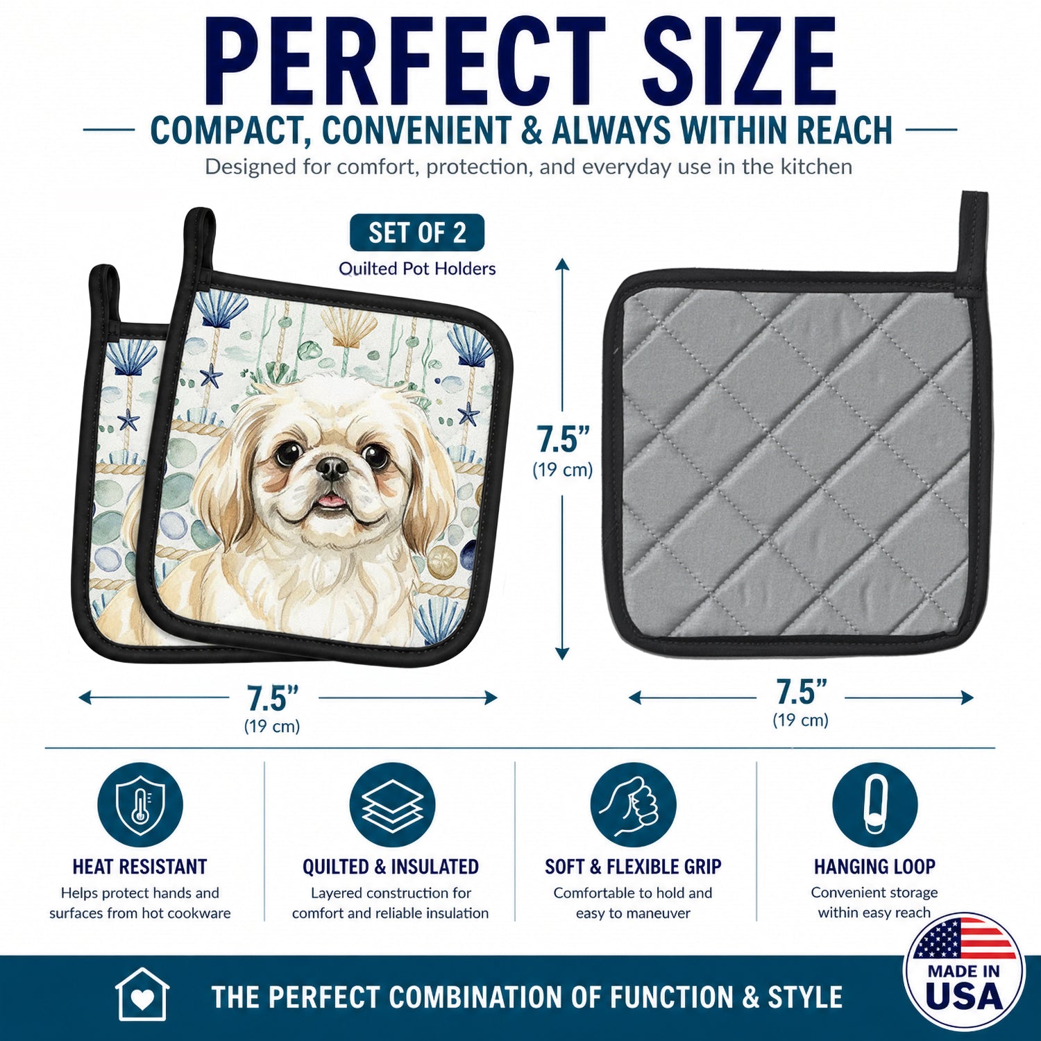 Cream Pekingese Coastal Sea Glass Pot Holder Set of 2 Heat Resistant Quilted Hot Pads 7.5 x 7.5 Inch, Insulated Kitchen Trivets for Cooking & Baking