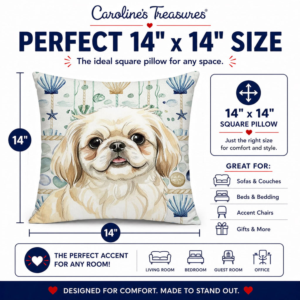 Cream Pekingese Coastal Sea Glass Decorative Throw Pillow 14x14 Indoor Outdoor Accent Cushion, Fabric Cover with Insert for Sofa, Bed, Porch & Living Room