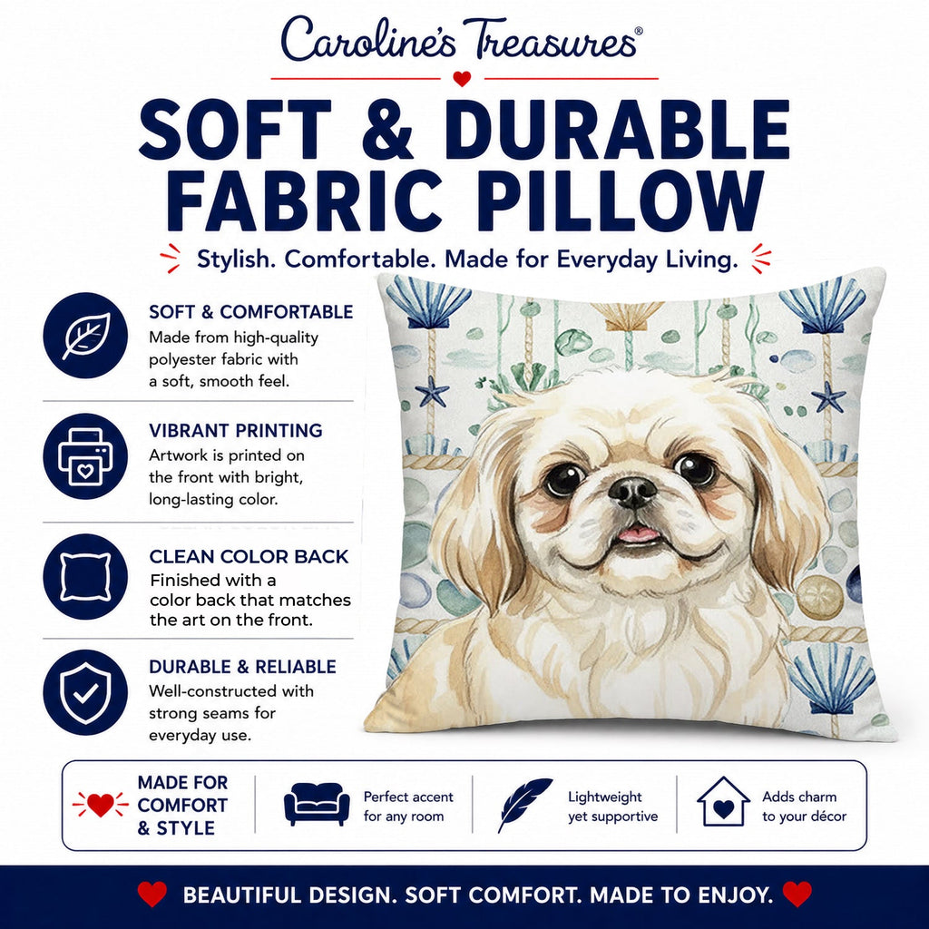 Cream Pekingese Coastal Sea Glass Decorative Throw Pillow 18x18 Indoor Outdoor Accent Cushion, Fabric Cover with Insert for Sofa, Bed, Porch & Living Room