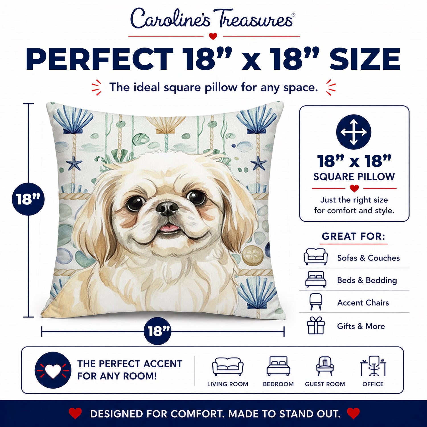 Cream Pekingese Coastal Sea Glass Decorative Throw Pillow 18x18 Indoor Outdoor Accent Cushion, Fabric Cover with Insert for Sofa, Bed, Porch & Living Room