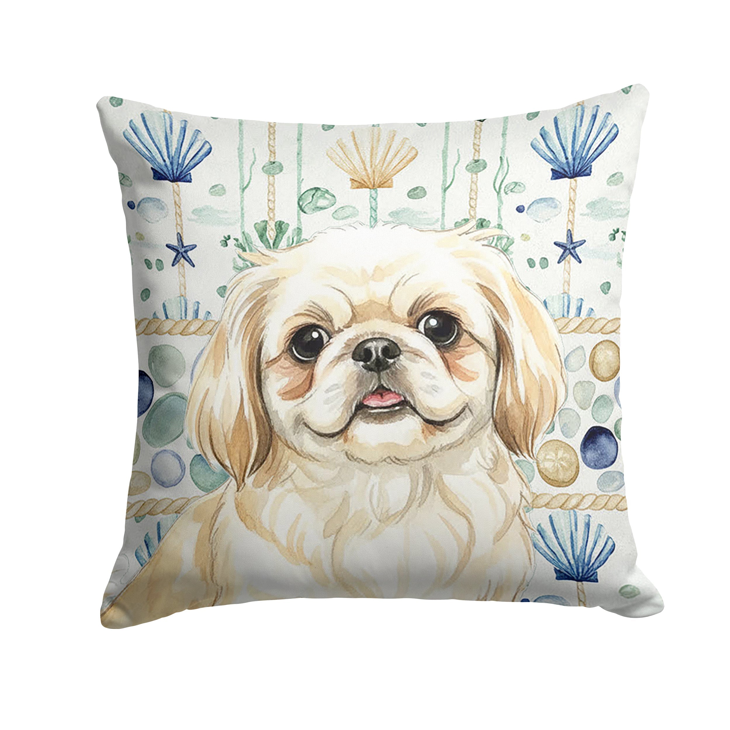 Cream Pekingese Coastal Sea Glass Decorative Throw Pillow 18x18 Indoor Outdoor Accent Cushion, Fabric Cover with Insert for Sofa, Bed, Porch & Living Room
